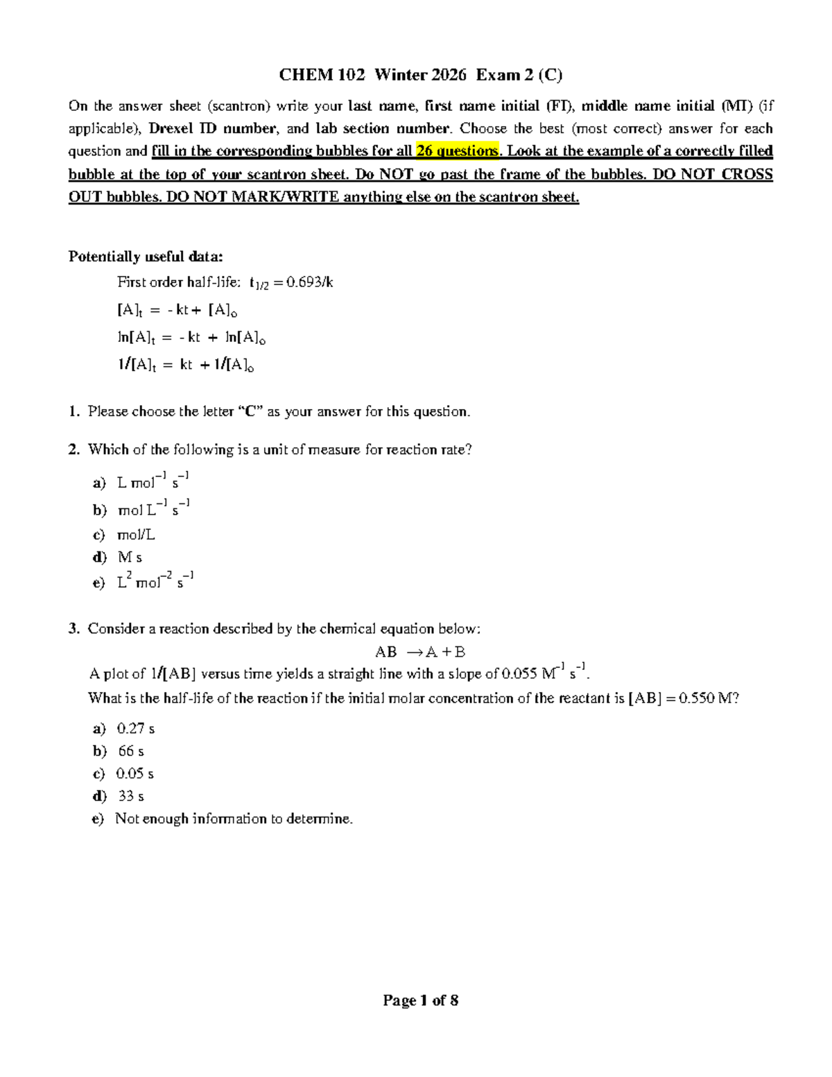 CHEM 102 Winter 2026 Exam 2 Answer Key - Studocu