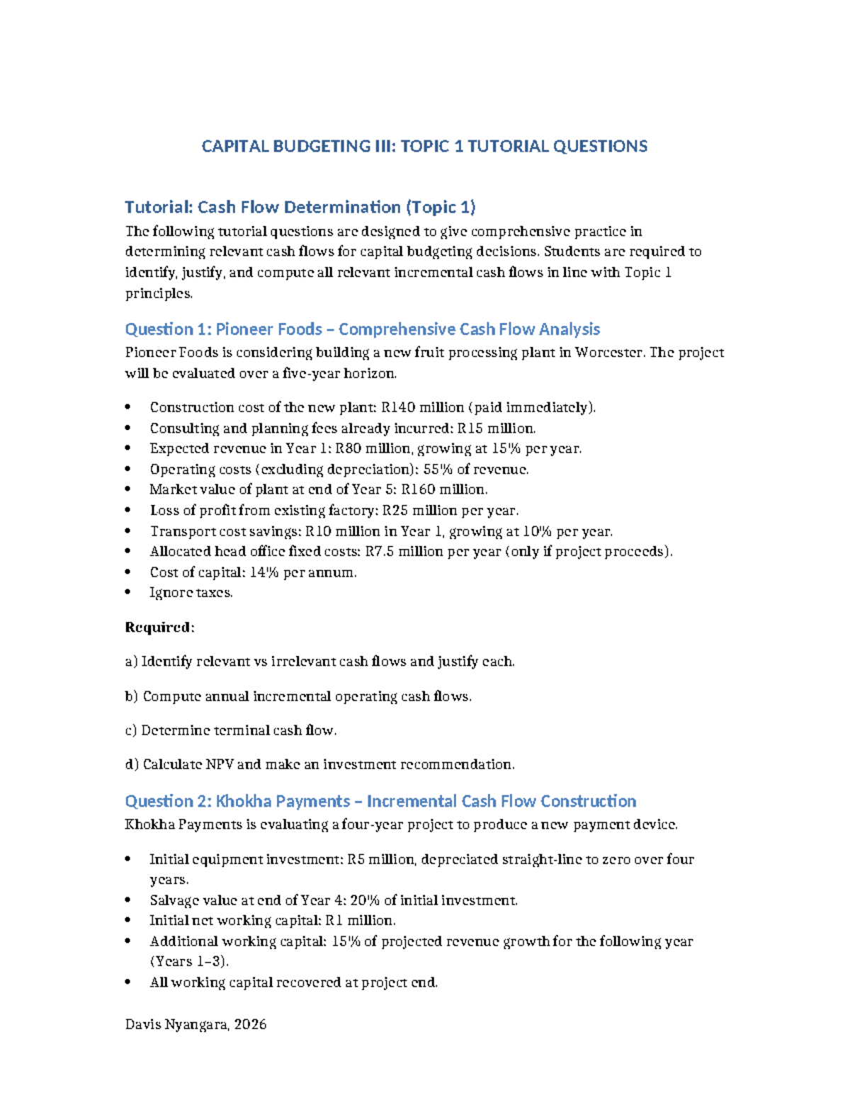 CAPITAL BUDGETING TUTORIAL QUESTIONS (Topic 1) - Studocu