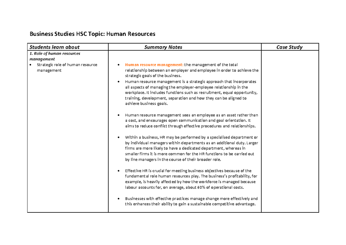 Business Studies HSC: Human Resources Management Summary Notes - Studocu