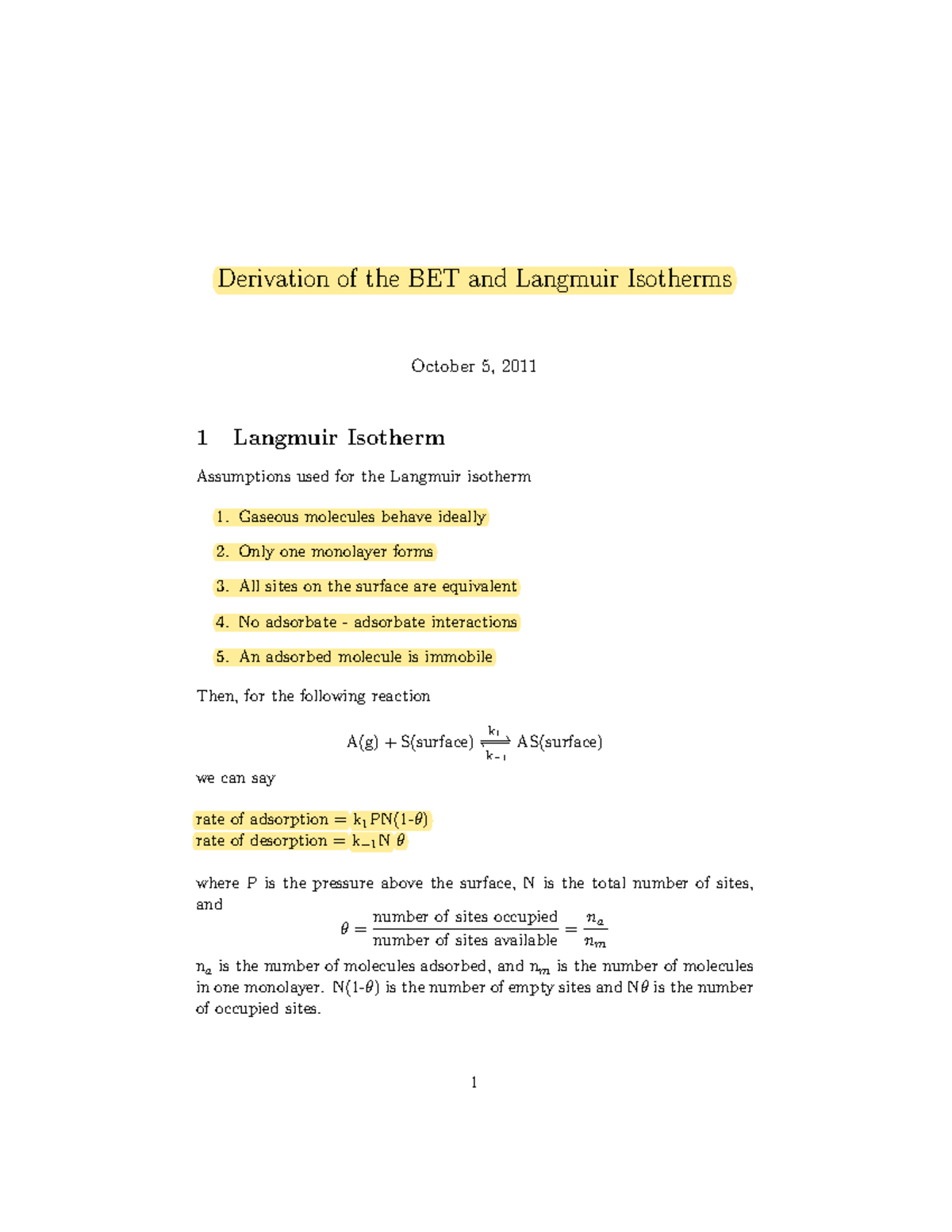 Isotherm Langmuirderv 1 - Derivation of the BET and Langmuir Isotherms ...