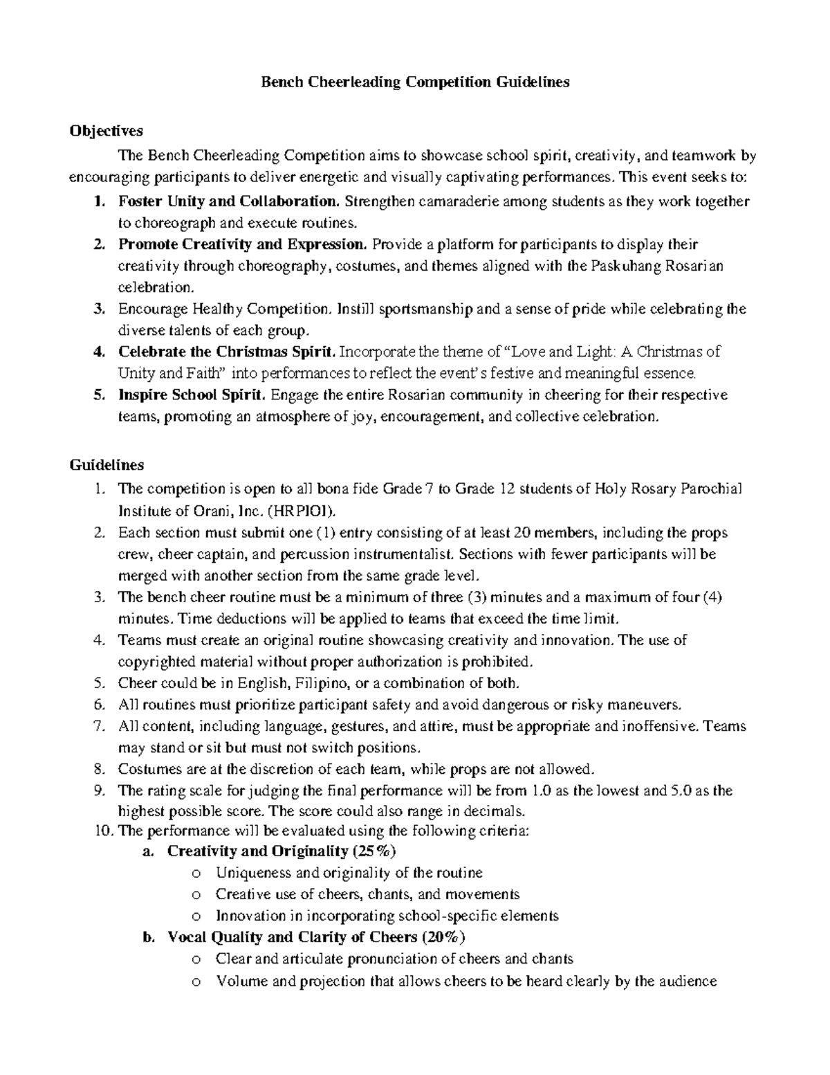 HRPIOI Bench Cheerleading Competition Guidelines for Students - Studocu