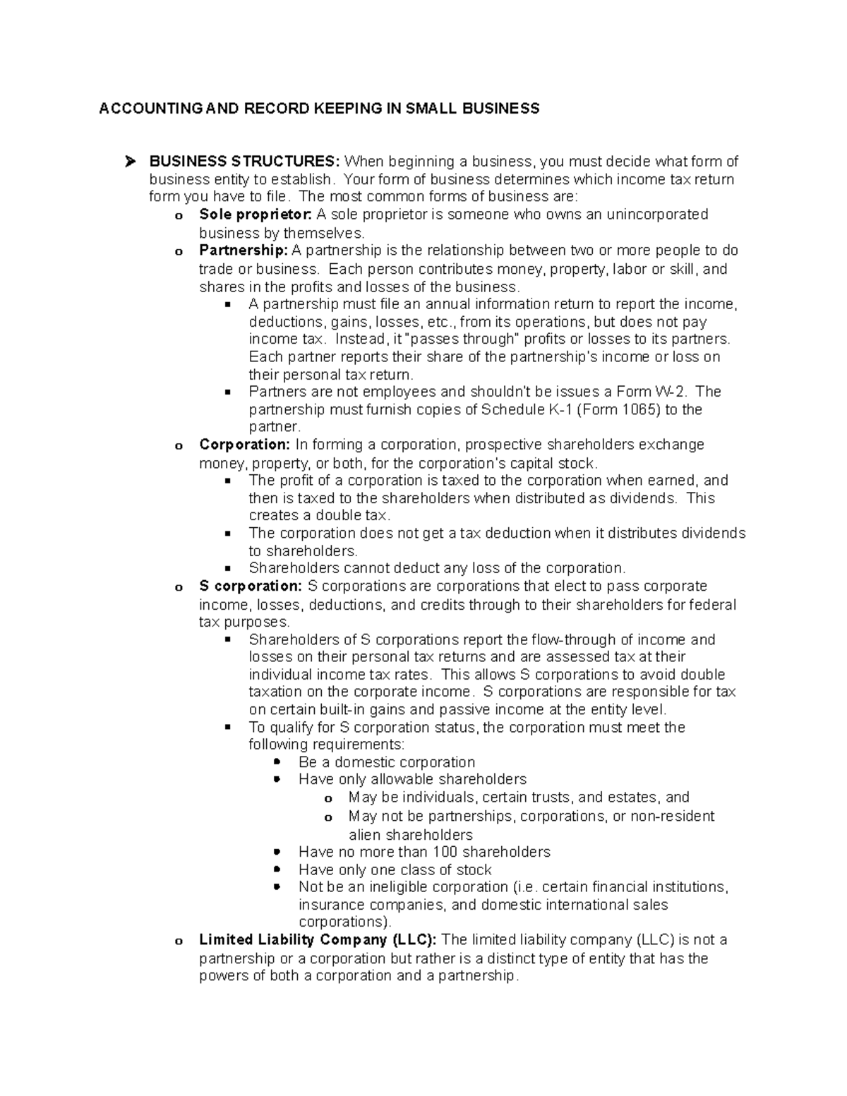 Accounting and Record Keeping in Small Business: Comprehensive Notes ...