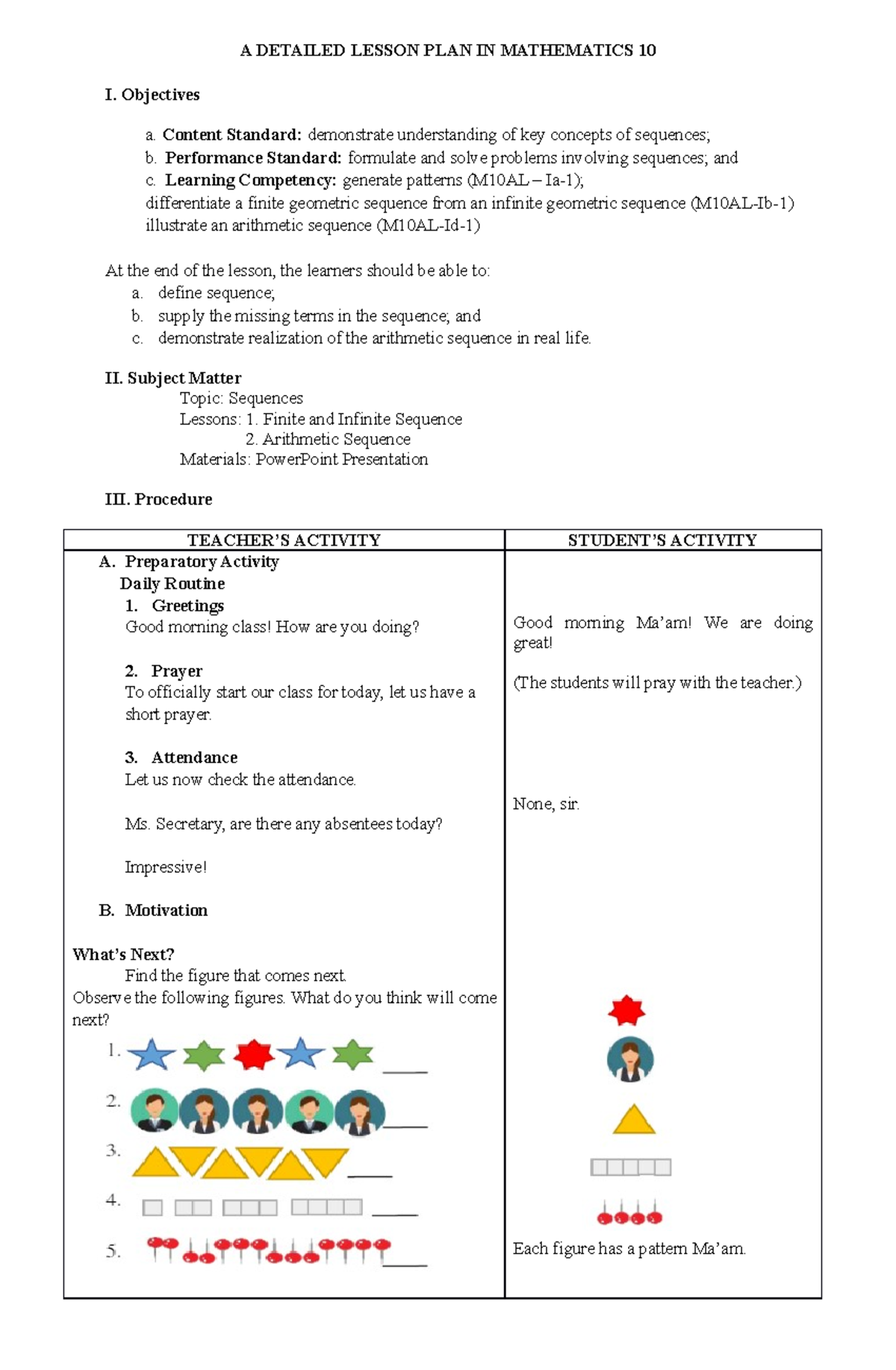Mathematics 10 Detailed Lesson Plan: Understanding Sequences - Studocu
