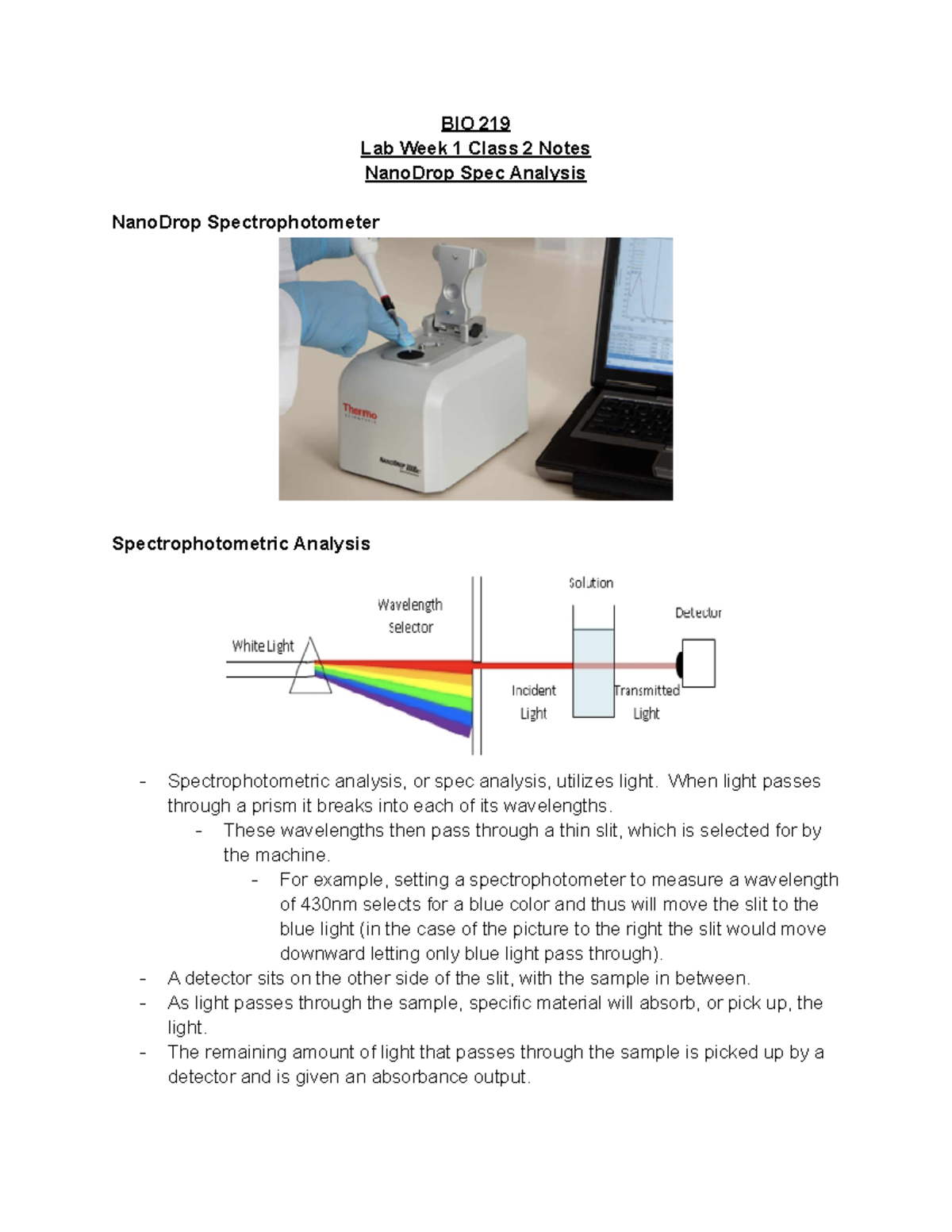 BIO 219 Lab Week 1 Class 2: NanoDrop Spectrophotometric Analysis - Studocu