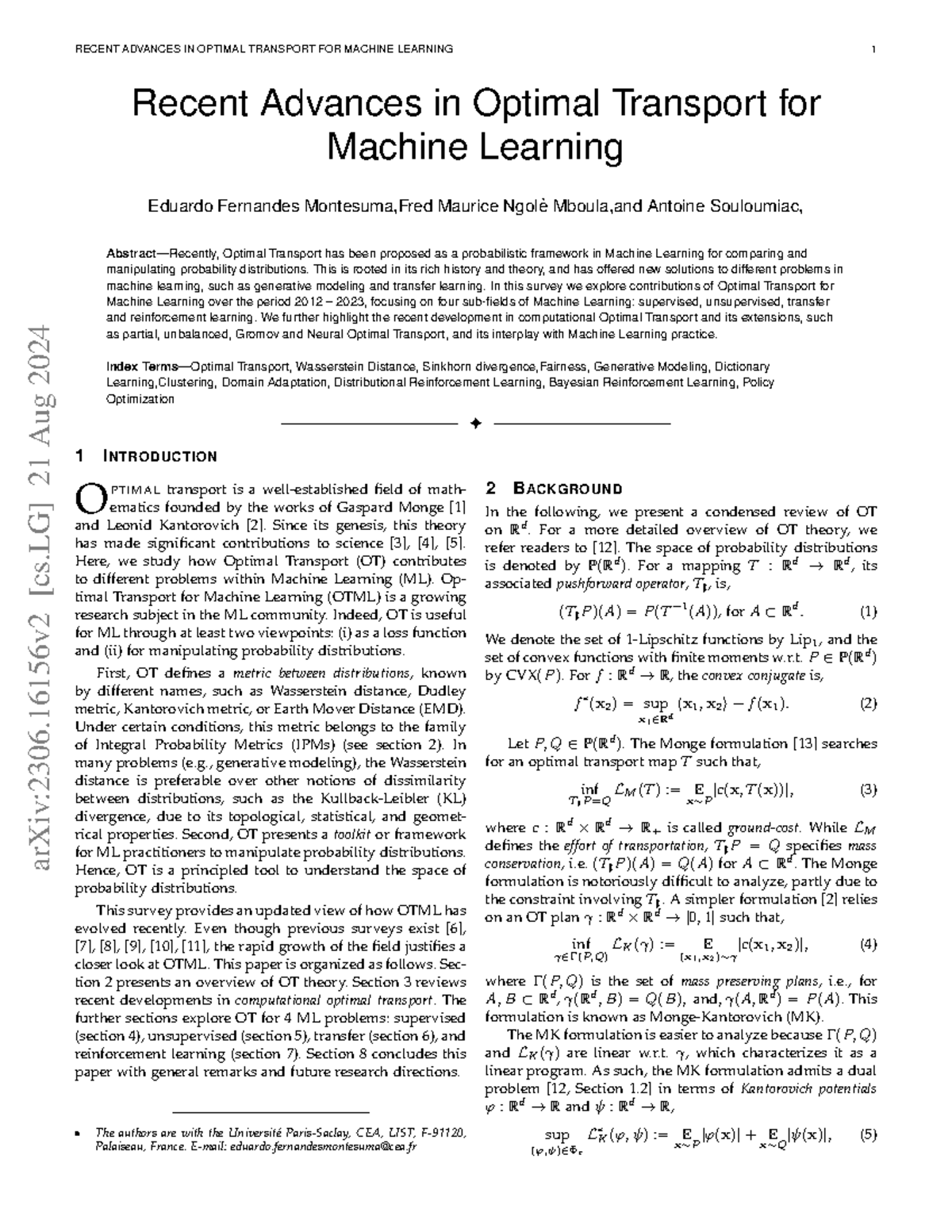 RECENT ADVANCES IN OPTIMAL TRANSPORT FOR MACHINE LEARNING (2023) - Studocu
