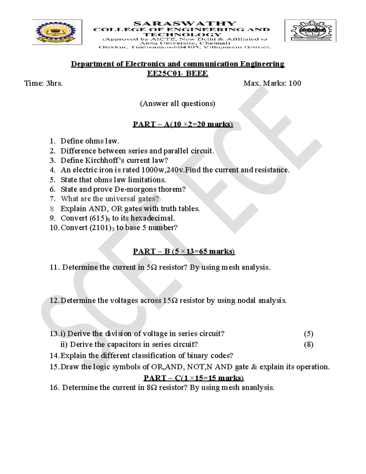 EE 101 Midterm Exam: Electronics & Communication Engineering Questions ...