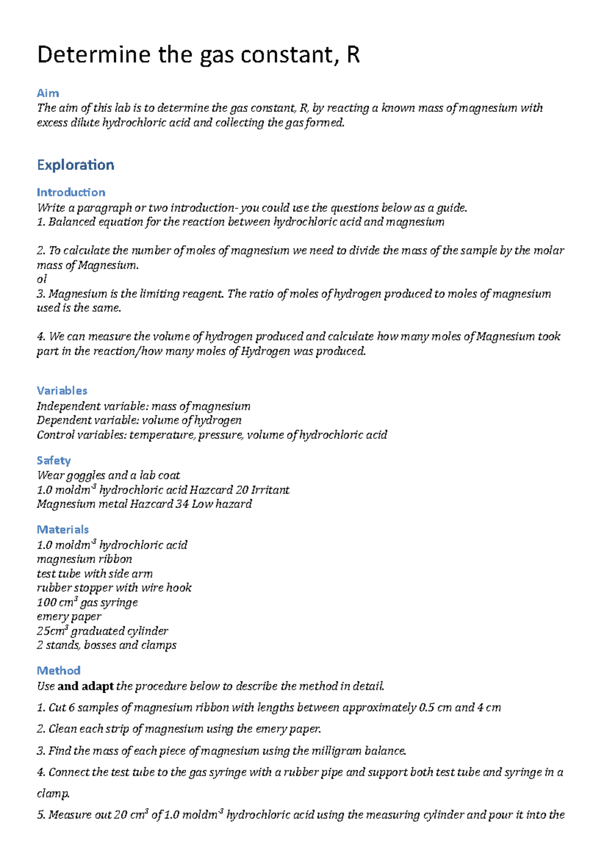 Lab Report on Determining Gas Constant R Using Magnesium Reaction - Studocu