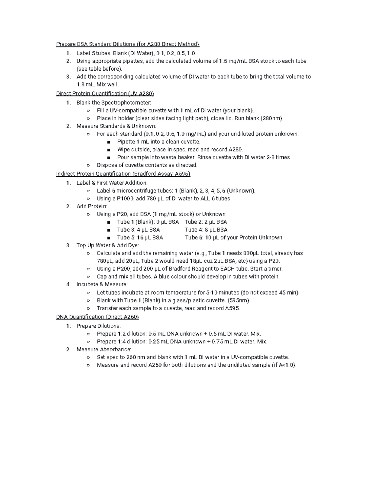 B12 Prelab 2: BSA & DNA Quantification Procedures - Studocu