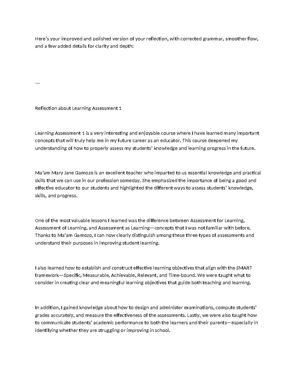 Reflection on Learning Assessment 1: Insights and Growth - Studocu