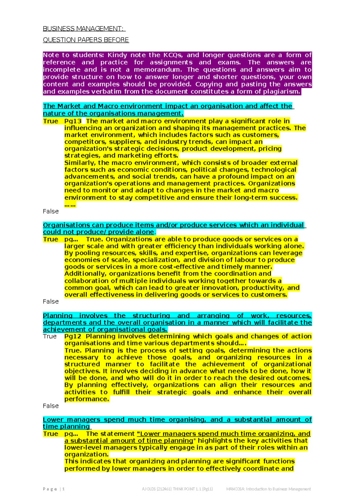 BUSINESS MANAGEMENT: QUESTION PAPERS & ANSWERS (BUZ MNGT) - Studocu