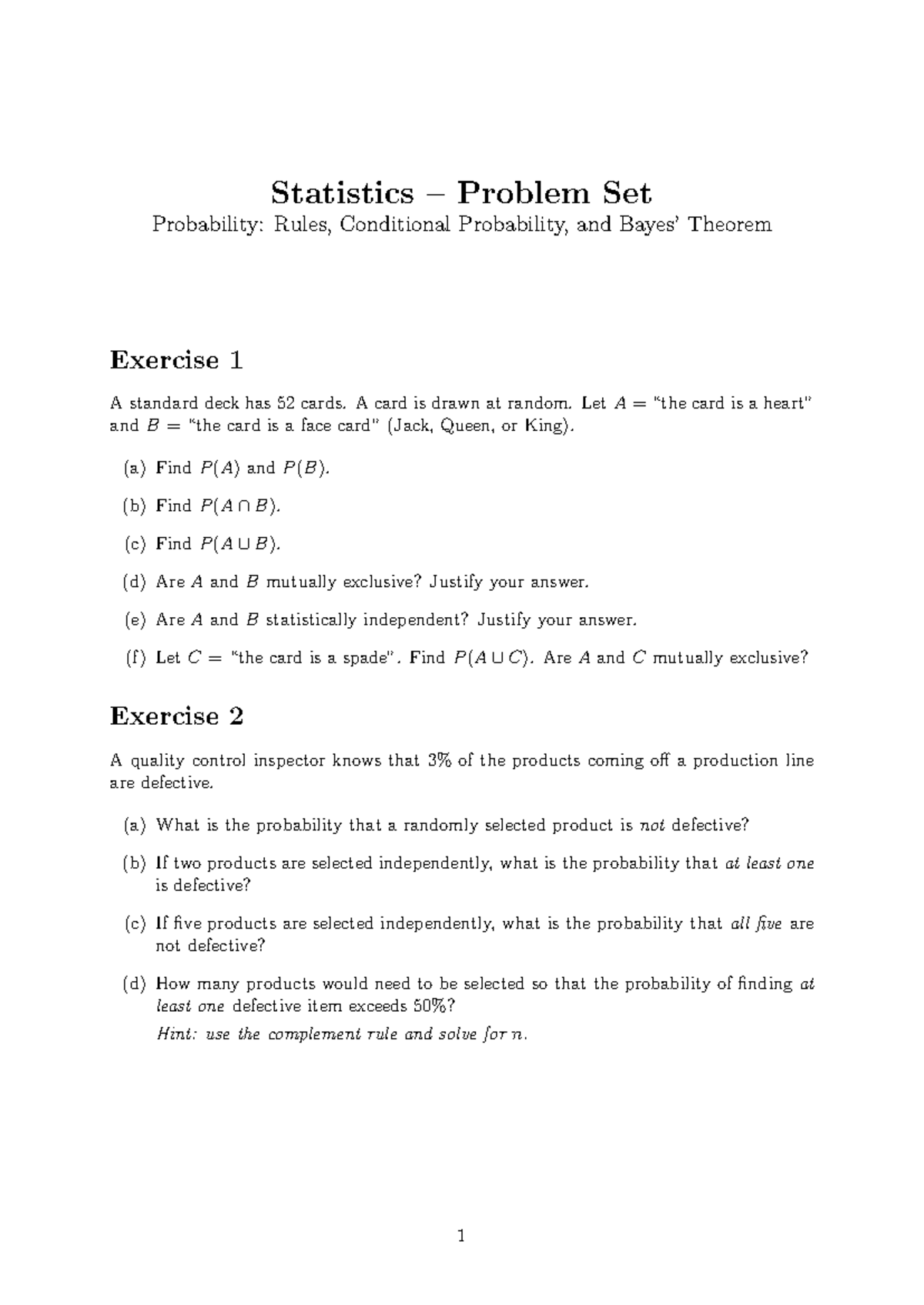 Statistics Problem Set: Probability, Conditional Probability & Theorems ...