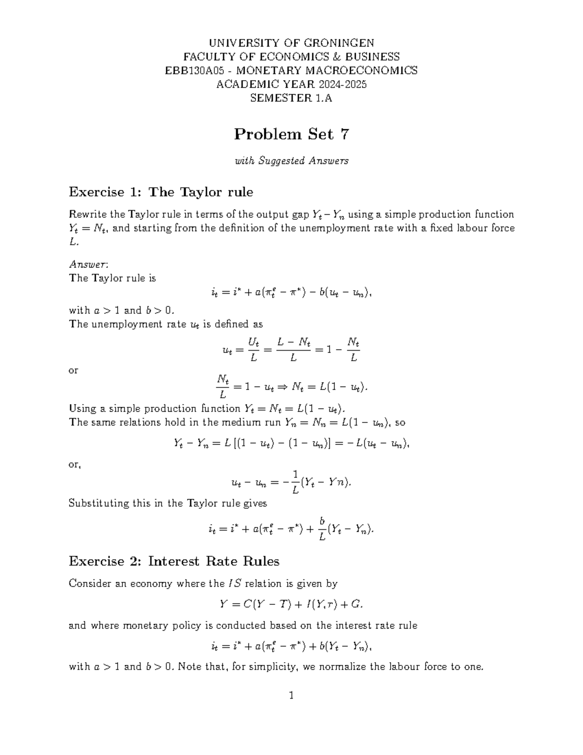 EBB130A05 Monetary Macroeconomics Problem Set 7 with Answers - Studeersnel