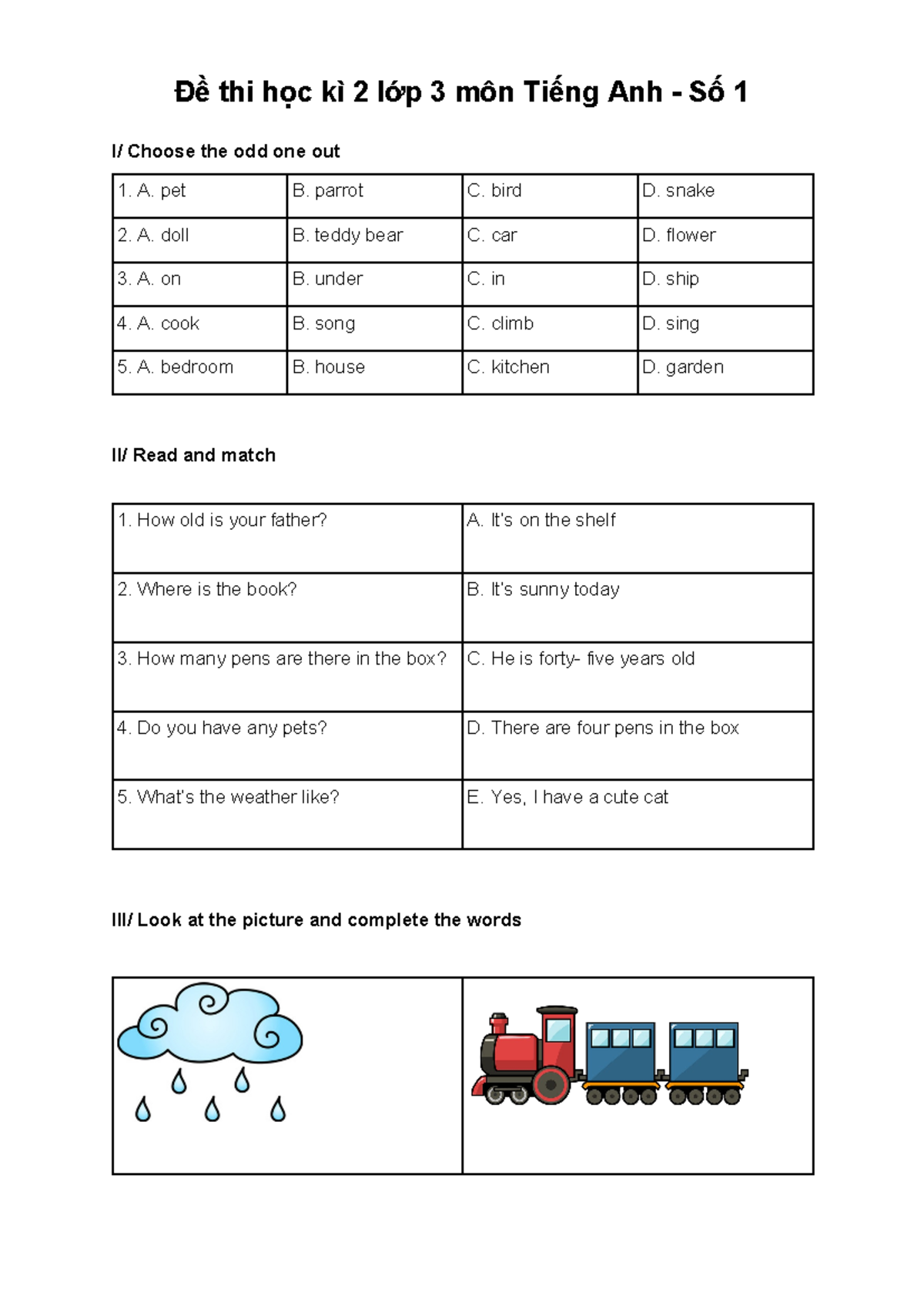 ĐỀ THI LỚP 3 - TEST FOR KIDS IN GRADE 3 - Đề thi học kì 2 lớp 3 môn ...