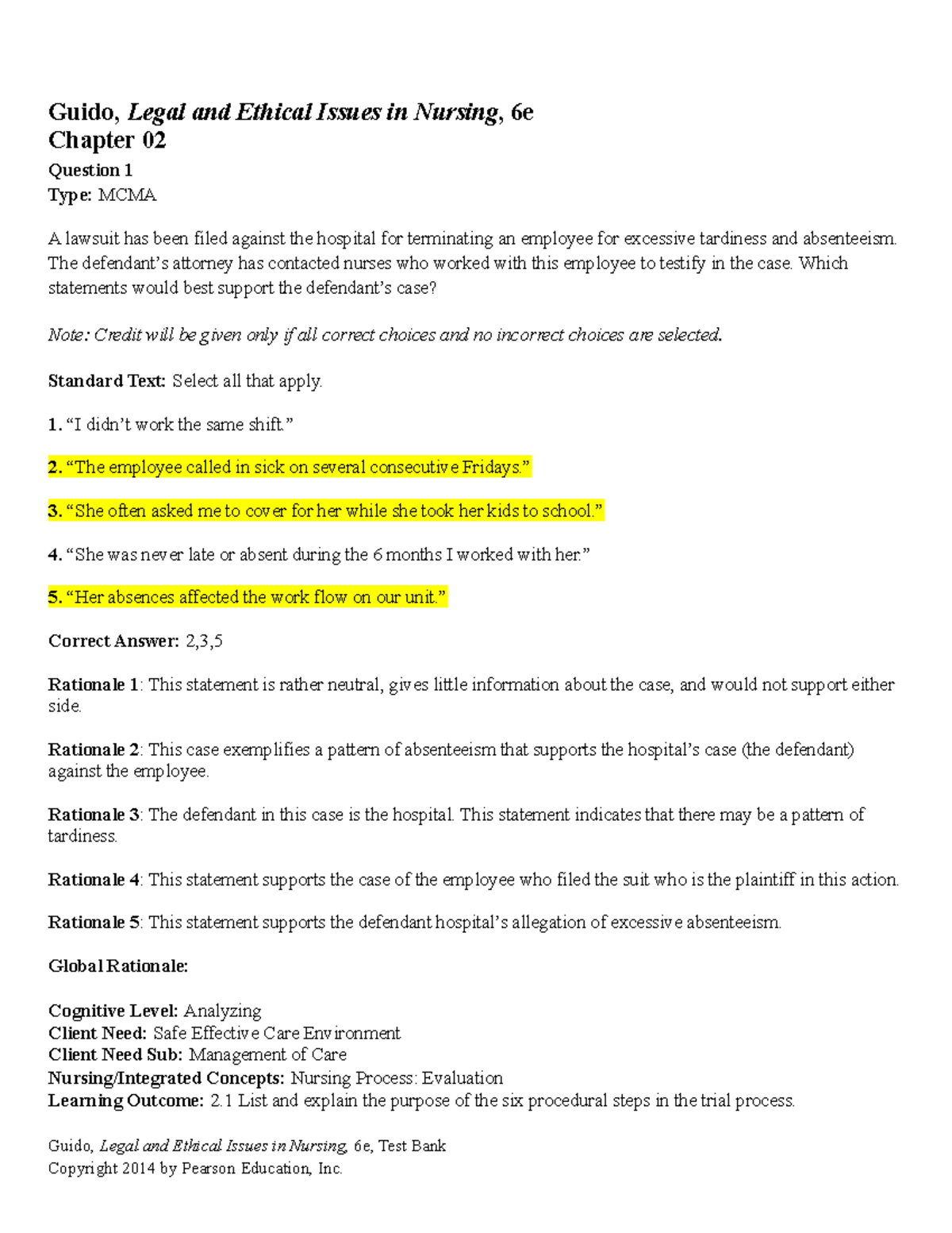 Ch 02 - Legal and Ethical Issues in Nursing, 6e Test Bank Notes - Studocu