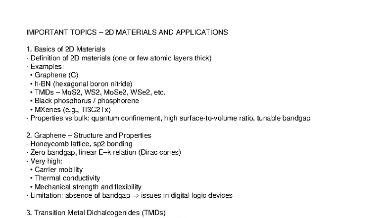 2D Materials and Applications: Key Topics Overview - Studocu