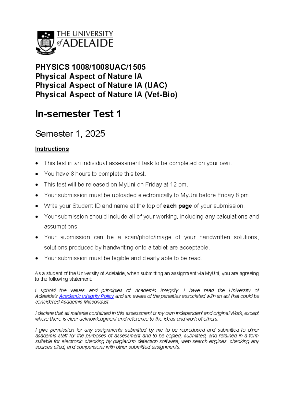 PHYSICS IA Test 1 Instructions - Semester 1, 2025 - Studocu