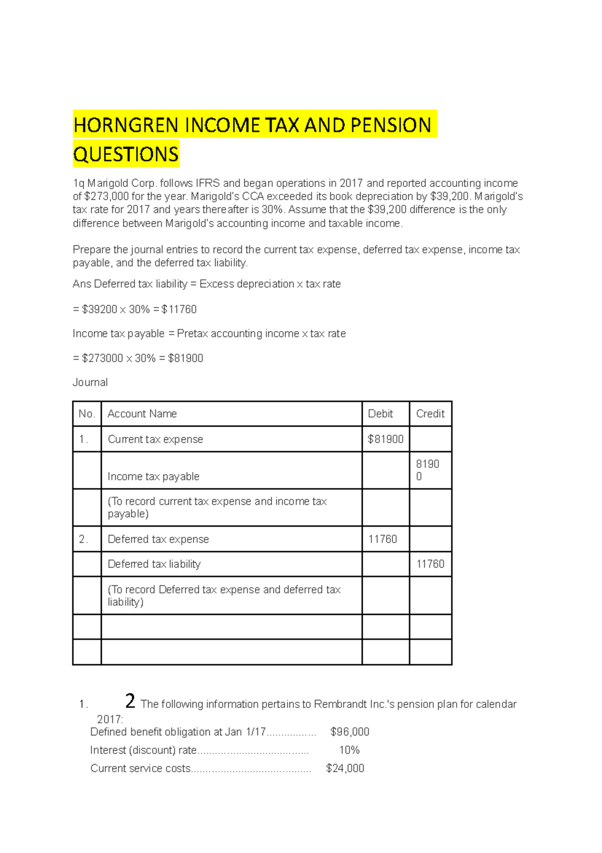 Horngren Income Tax & Pension Questions - Midterm Study Guide - Studocu
