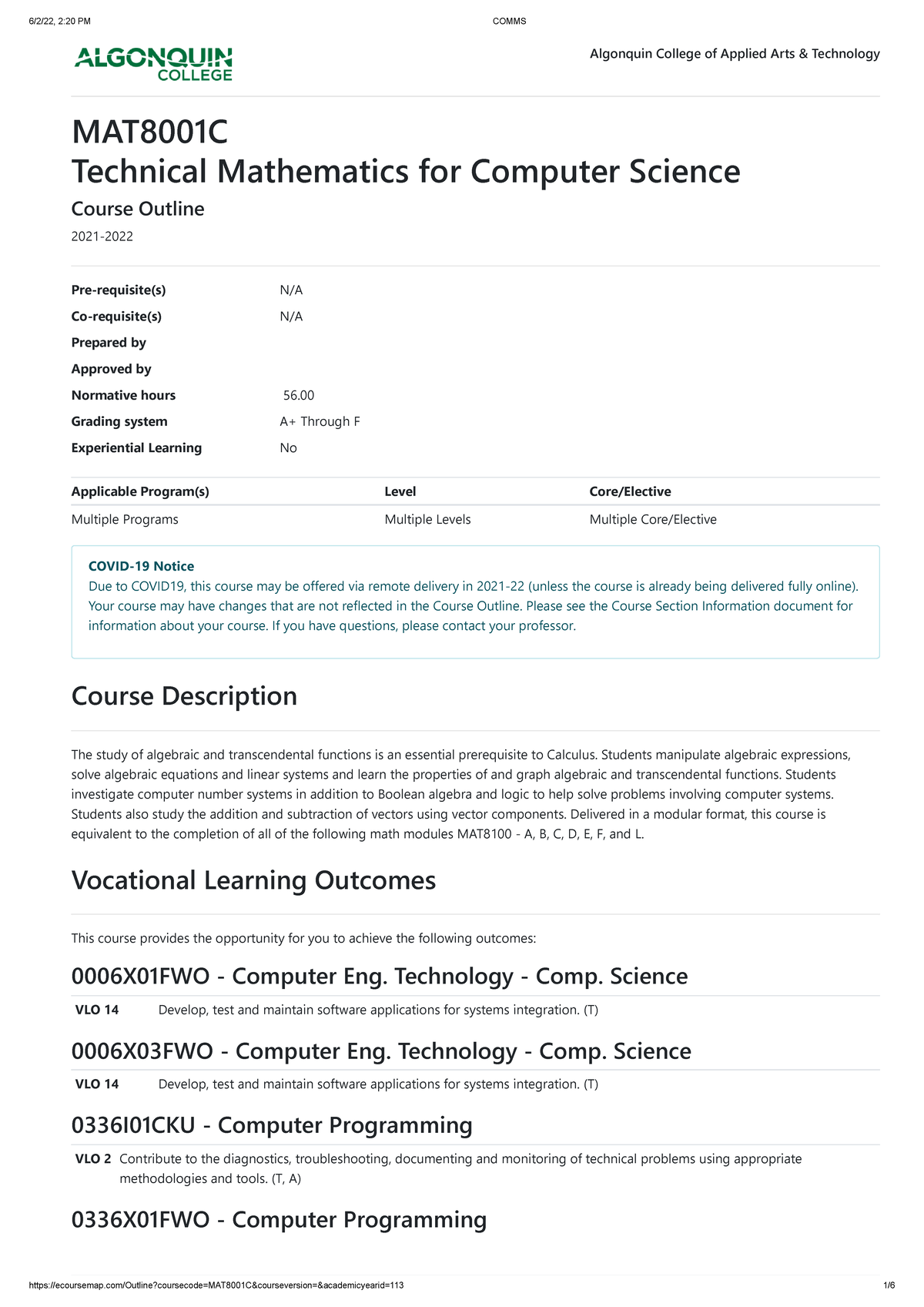 MAT8001C - Technical Mathematics for Computer Science Course Outline ...