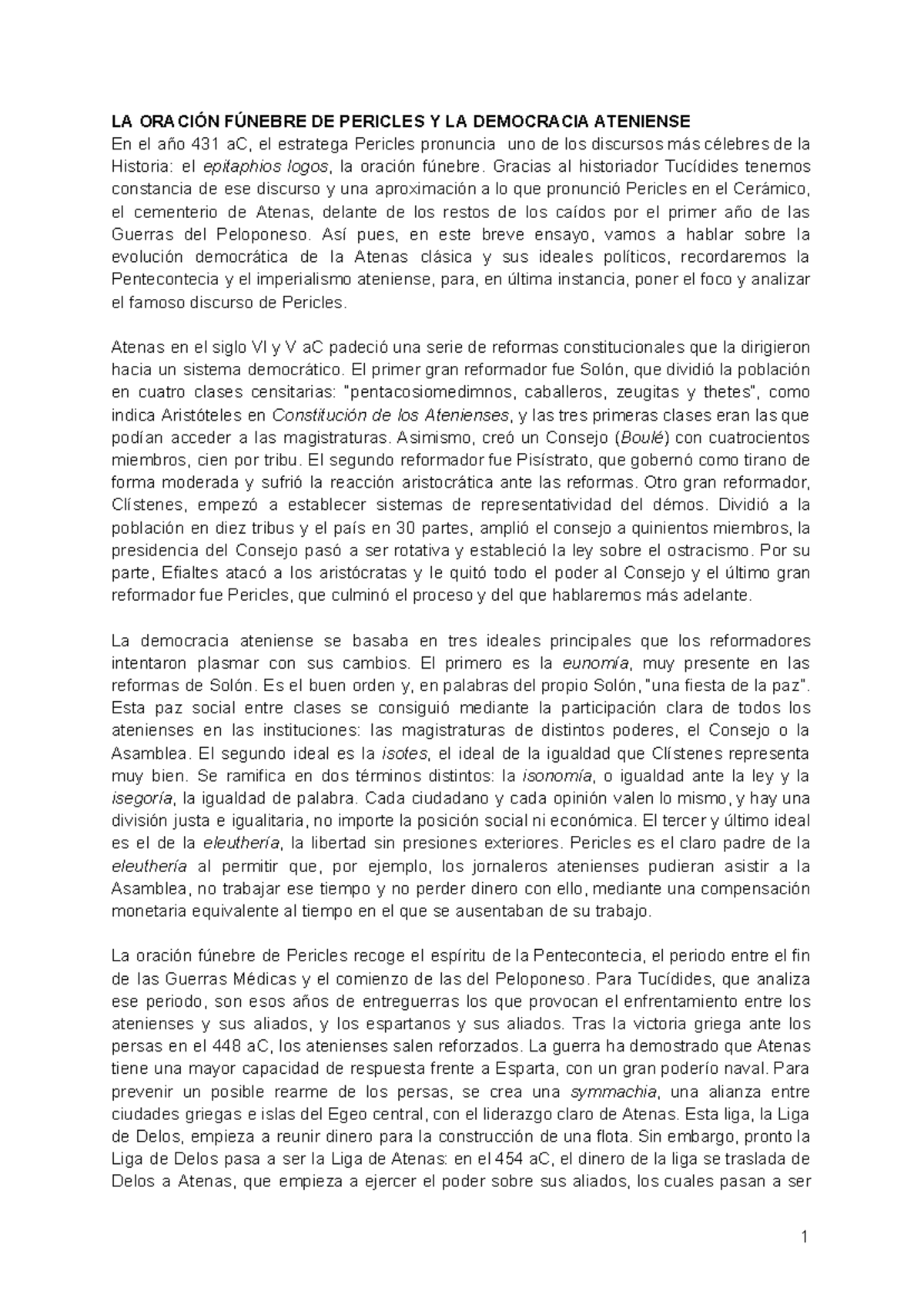 La democracia ateniense y la oración fúnebre de Pericles - LA ORACIÓN ...