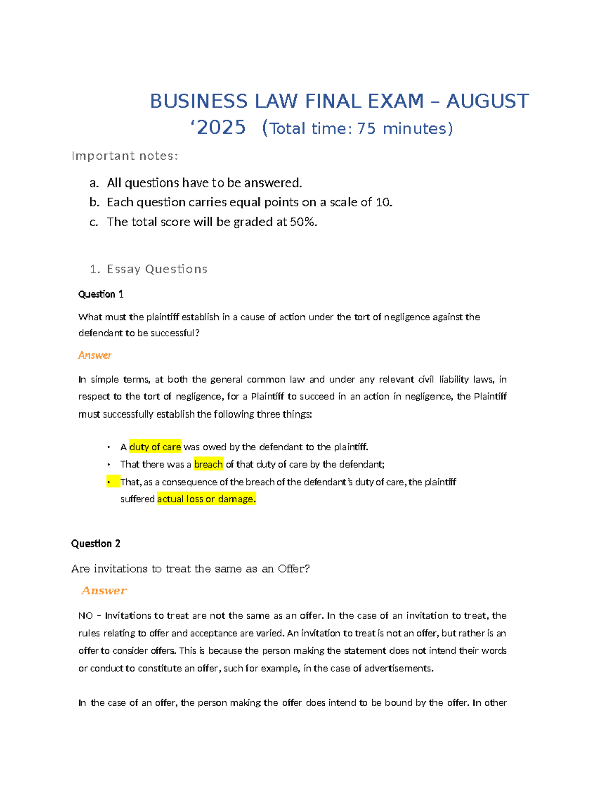 BUSINESS LAW FINAL EXAM NOTES - AUGUST 2023 - Studocu