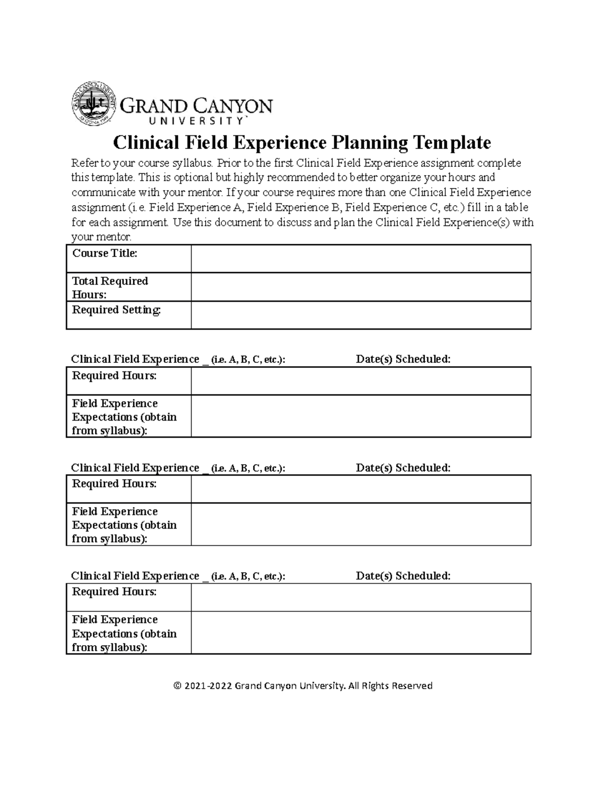 Clinical Field Experience Planning Template Guide (CFE 101) - Studocu