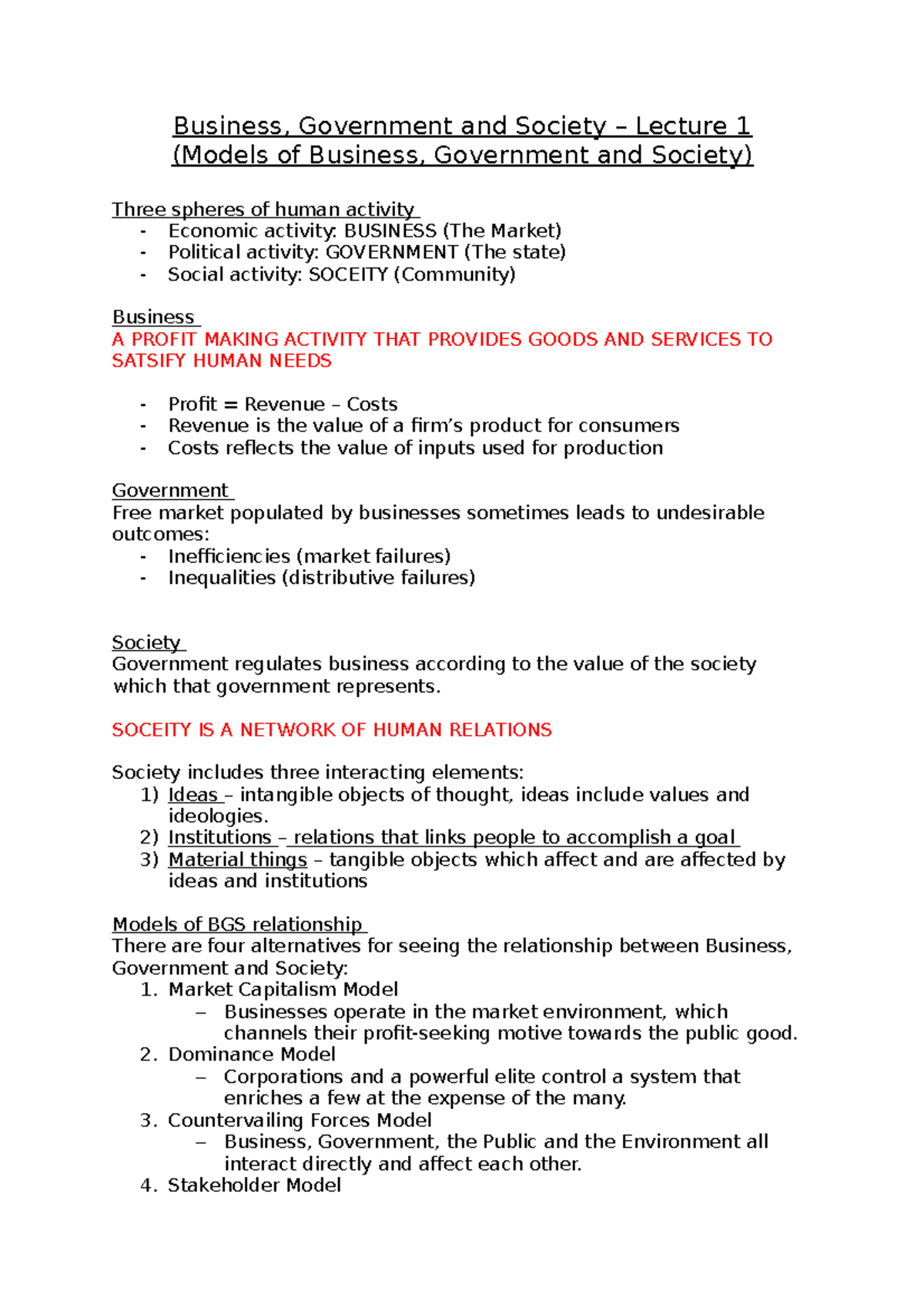 Lecture 1 - Understanding Business, Government & Society Models - Studocu