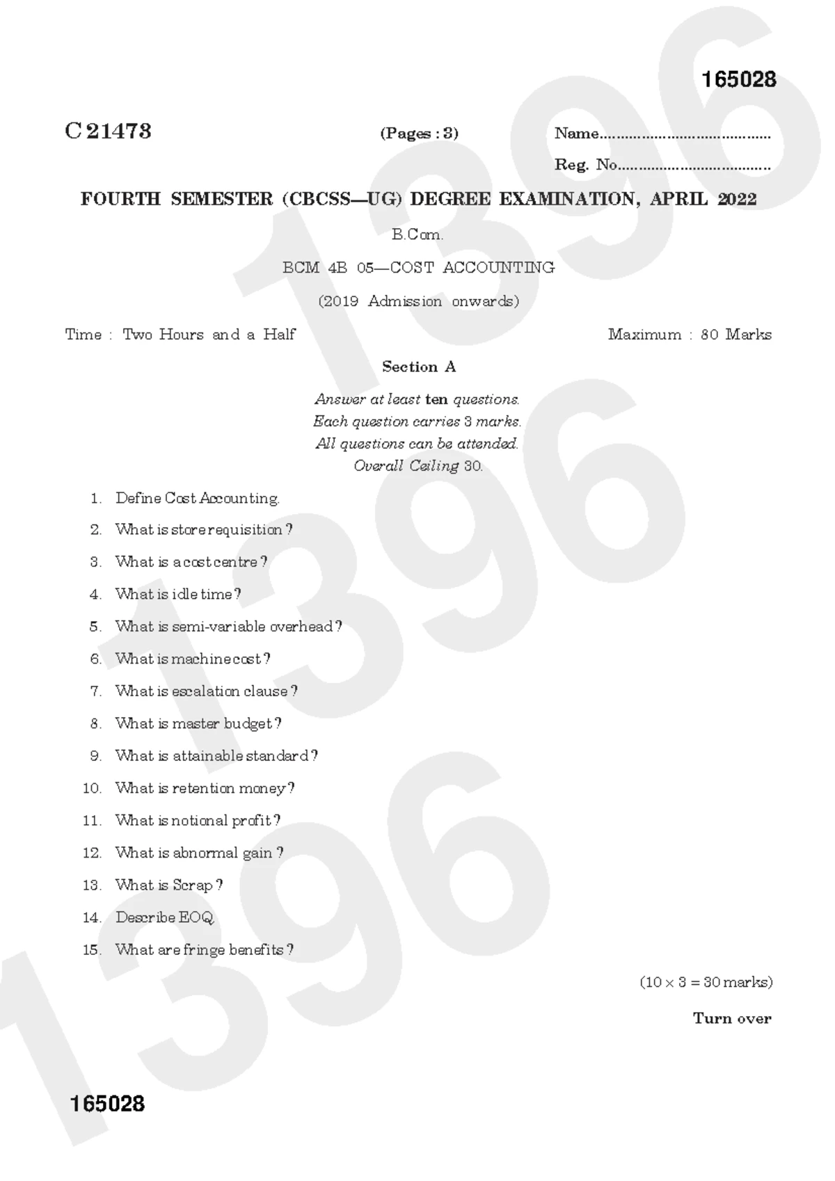 B.Com. BCM 4B Accounting Fourth Semester Exam Questions - April 2023 ...