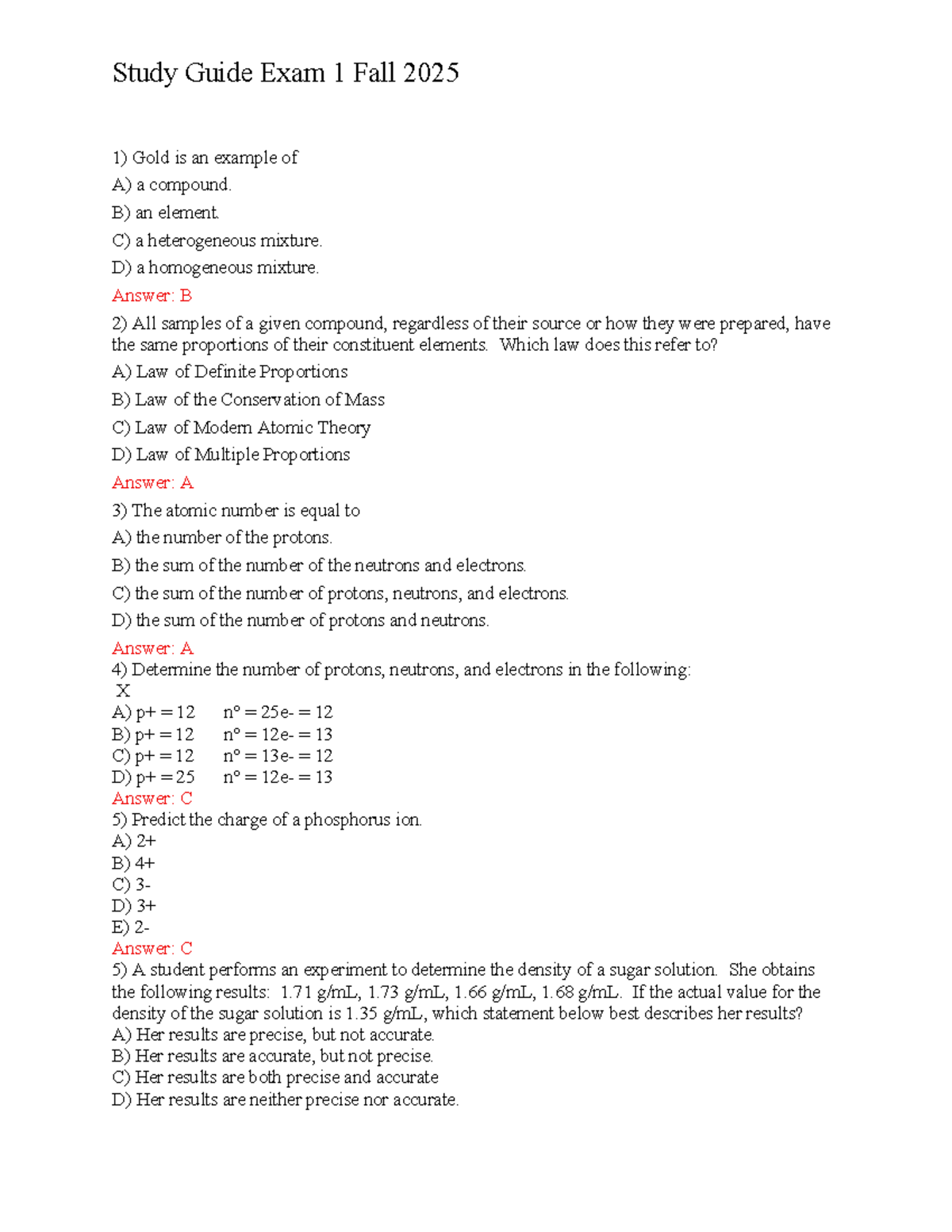 Chemistry Study Guide for Exam 1 - Fall 2025 - Studocu