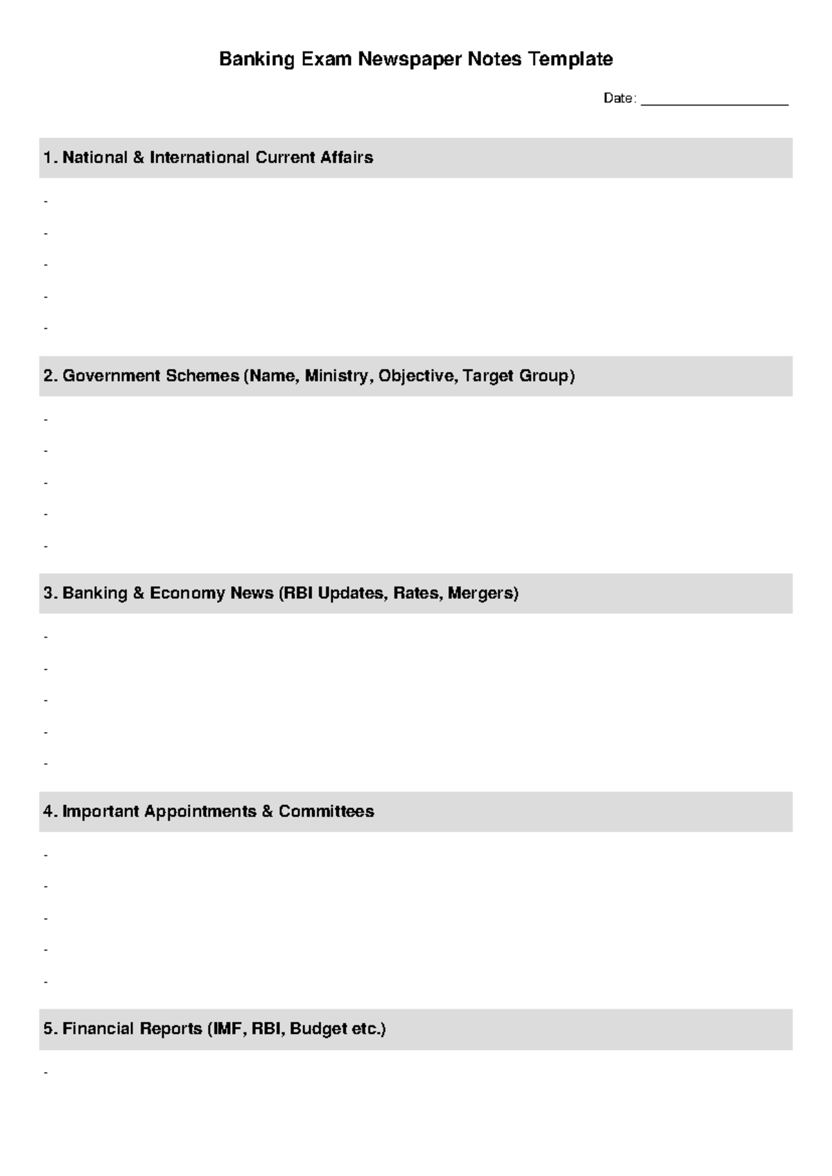 Banking Exam Newspaper Notes Template - National & International ...