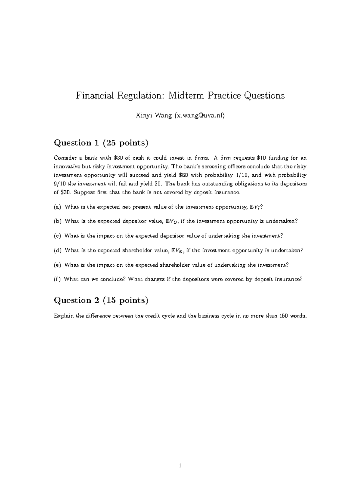 Financial Regulation: Midterm Mock Practice Questions - Studeersnel