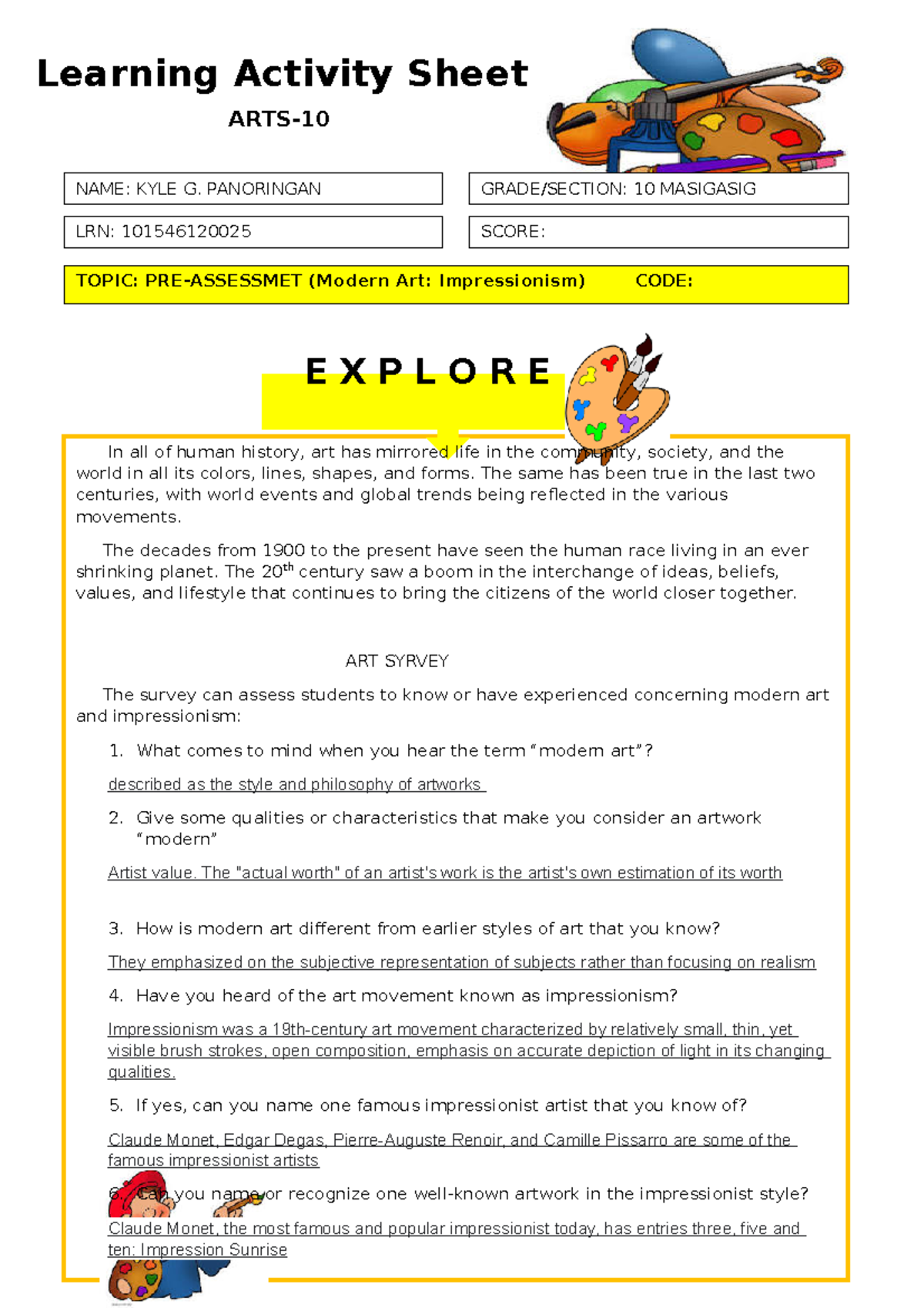 Modern Art: Impressionism Pre-Assessment Activity (ARTS-10) - Studocu