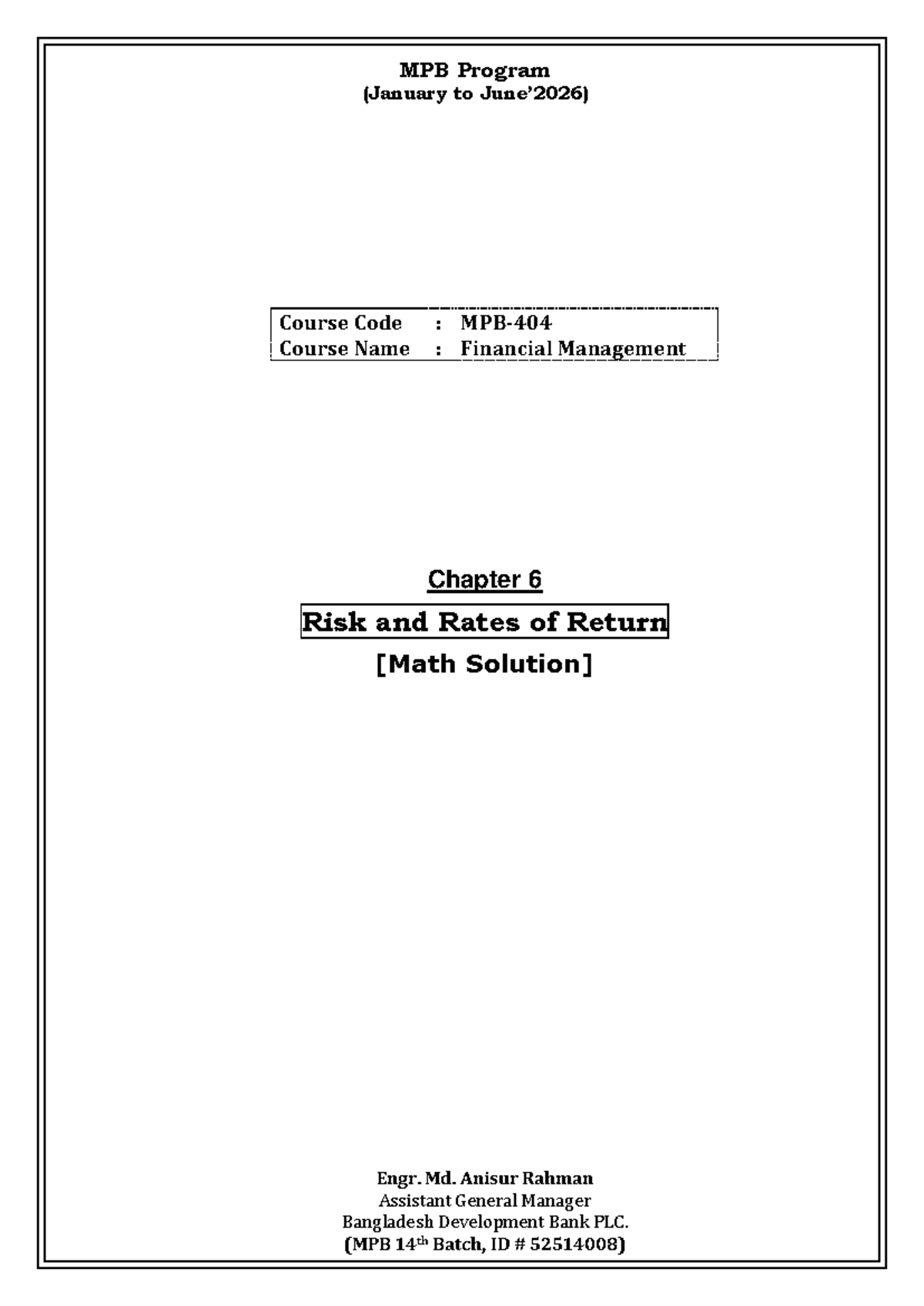 MPB 404: Risk and Rates of Return - Math Solutions for Financial ...