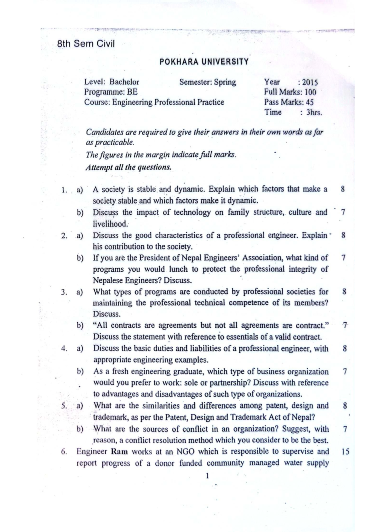 Engineering Professional Practice (EPP) Past Exam Questions - POKHARA ...
