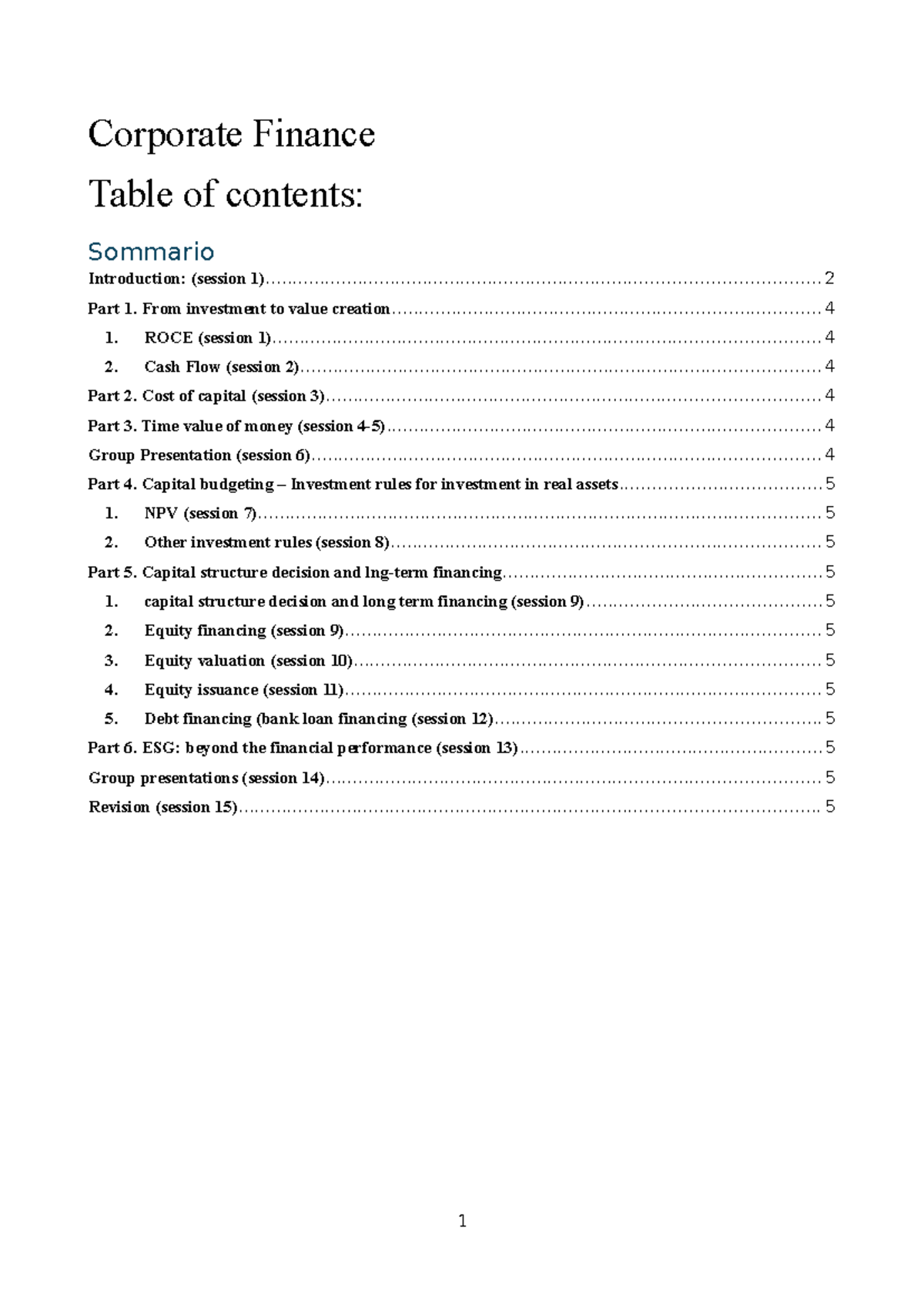 Corporate Finance notebook 1 - Corporate Finance Table of contents ...