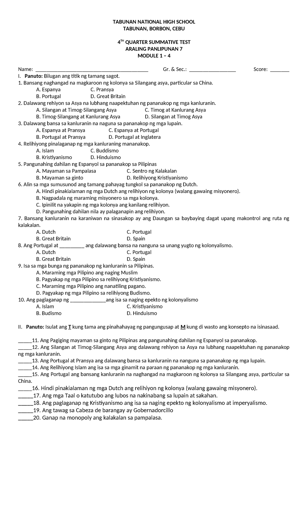 AP7 4th Quarter Summative Test in Araling Panlipunan 7 - Studocu