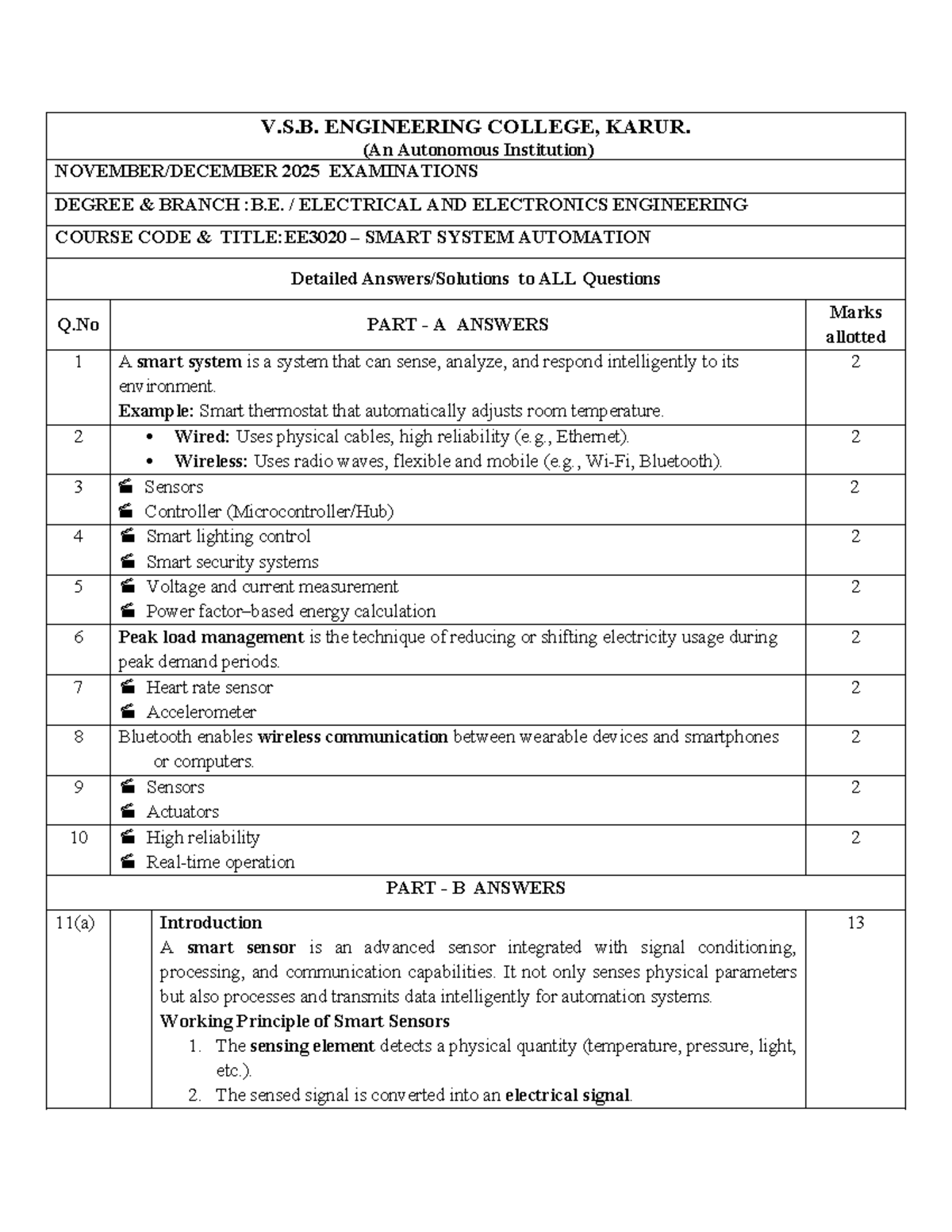 Answer Key for EE3020: Smart System Automation Exam - Studocu
