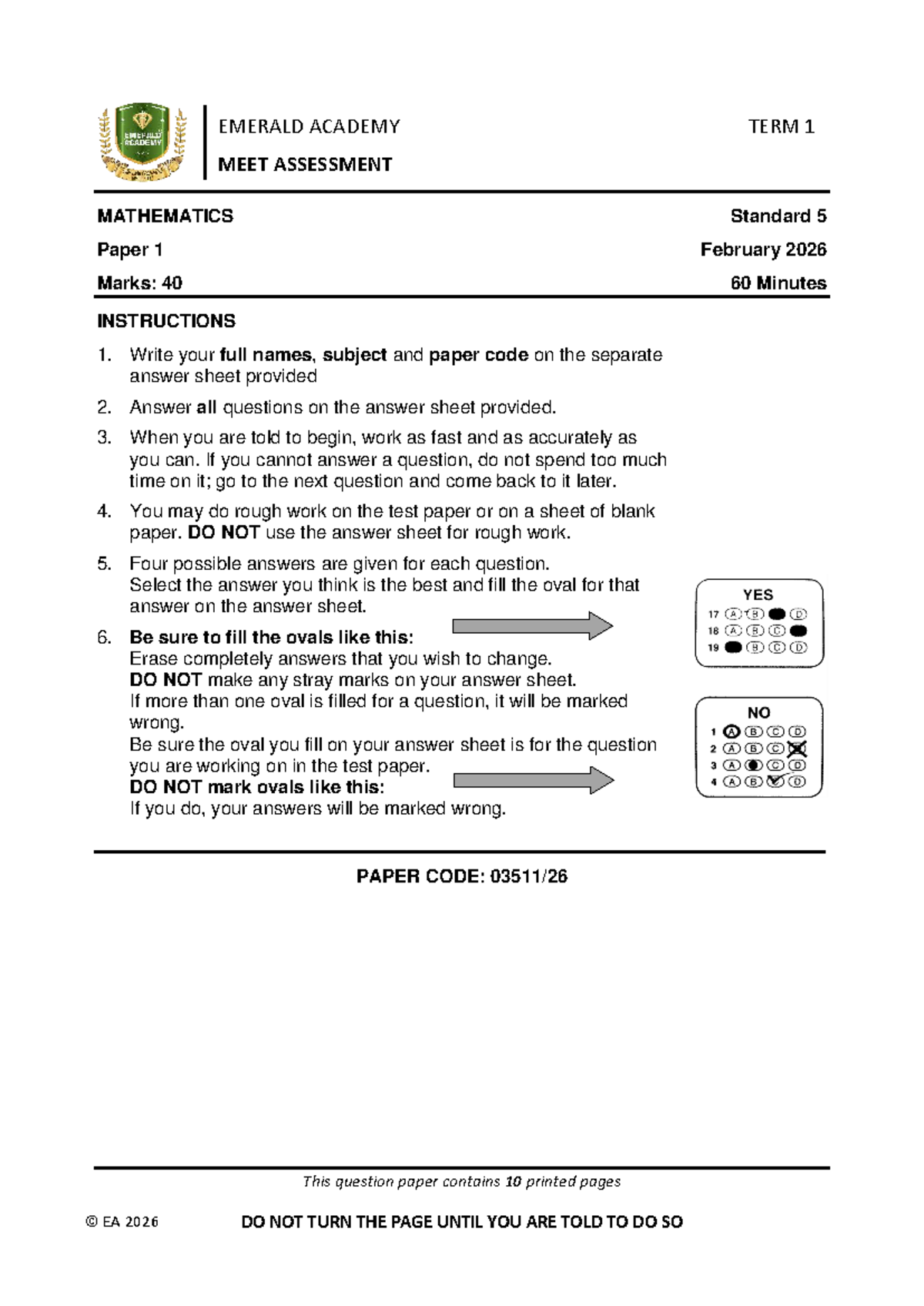 Mathematics Standard 5 Term 1 Assessment EA 2026 Paper 1 - Studocu