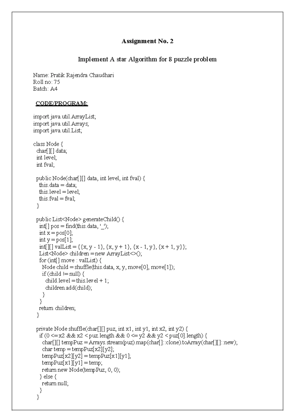Assignment No. 2 - A* Algorithm for 8 Puzzle Problem (DDS) - Studocu
