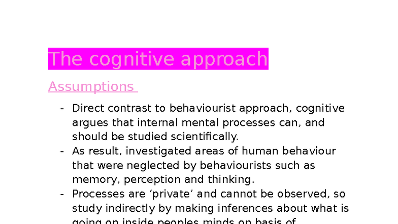 The cognitive approach - The cognitive approach Assumptions - Direct ...