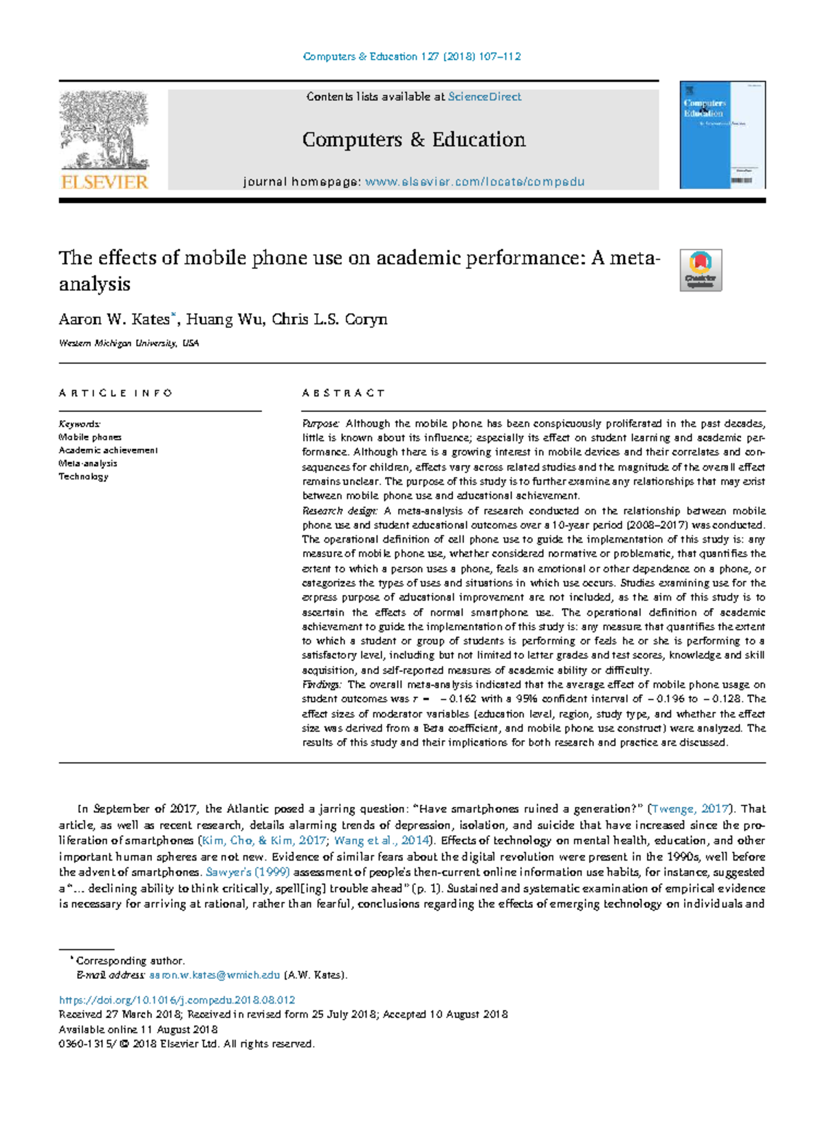 The Effects of Mobile Phone Use on Academic Performance: A Meta ...