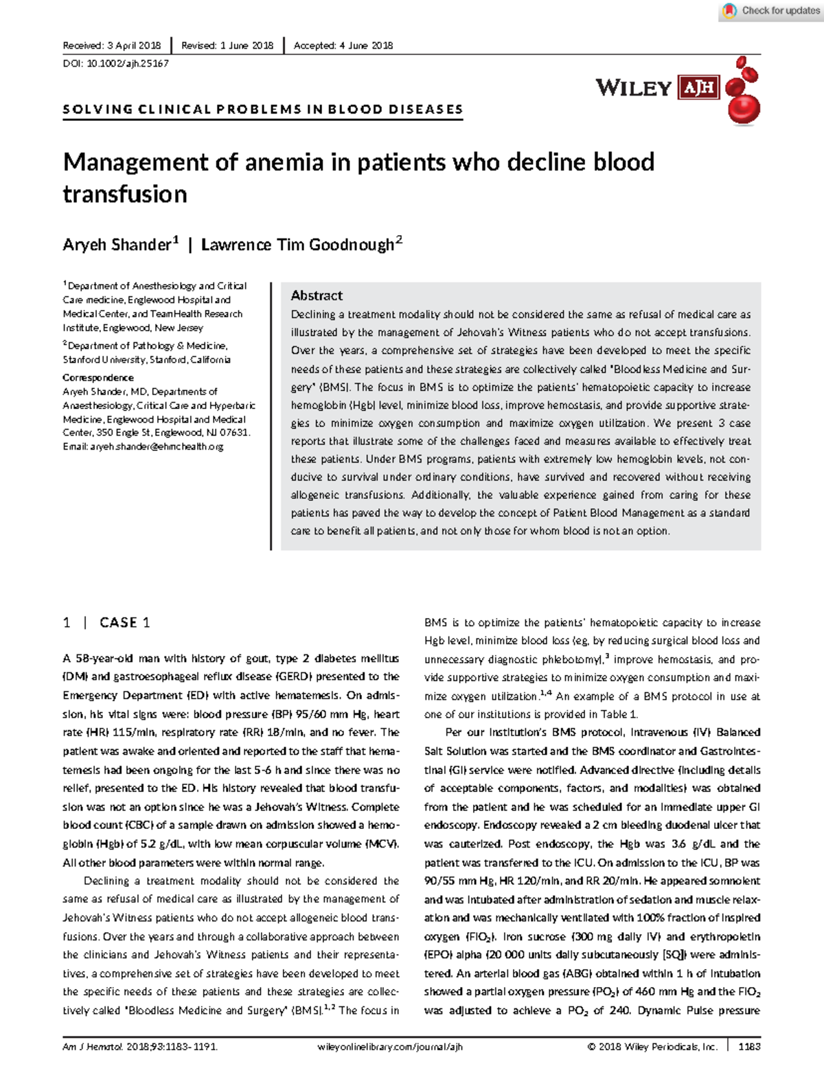American J Hematol - 2018 - Shander - Management of anemia in patients ...