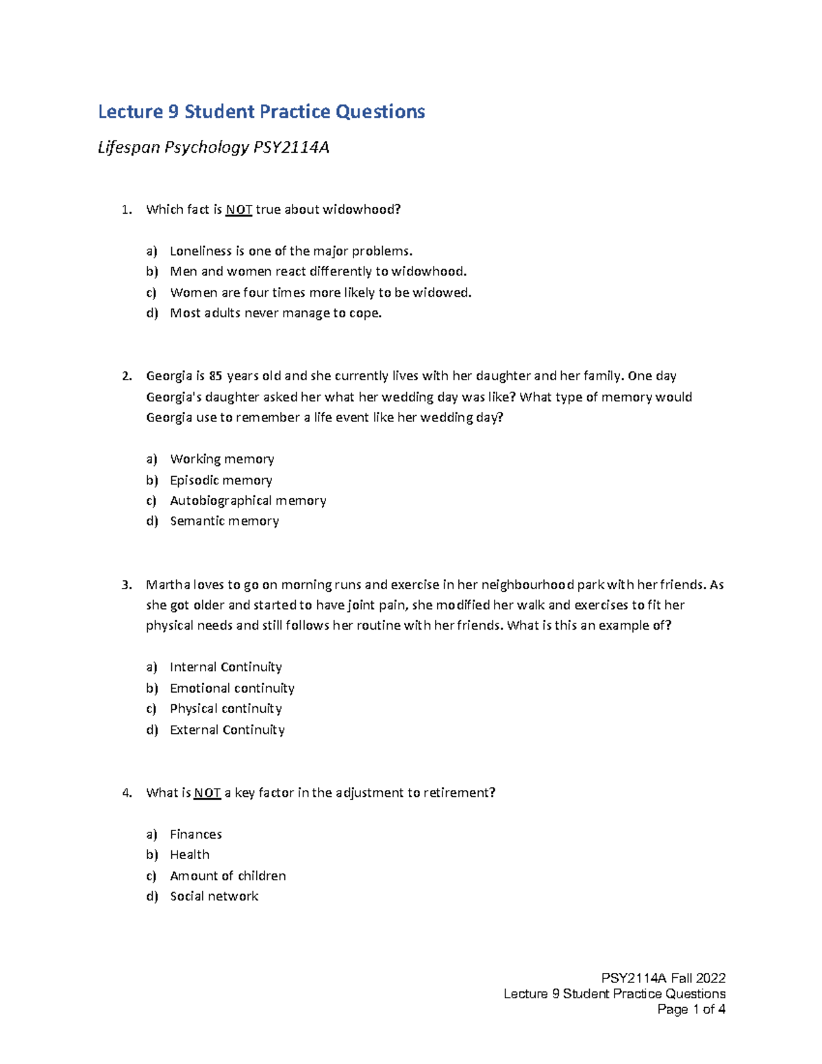 Lecture 9 Student Practice Questions for PSY2114A Fall 2022 - Studocu