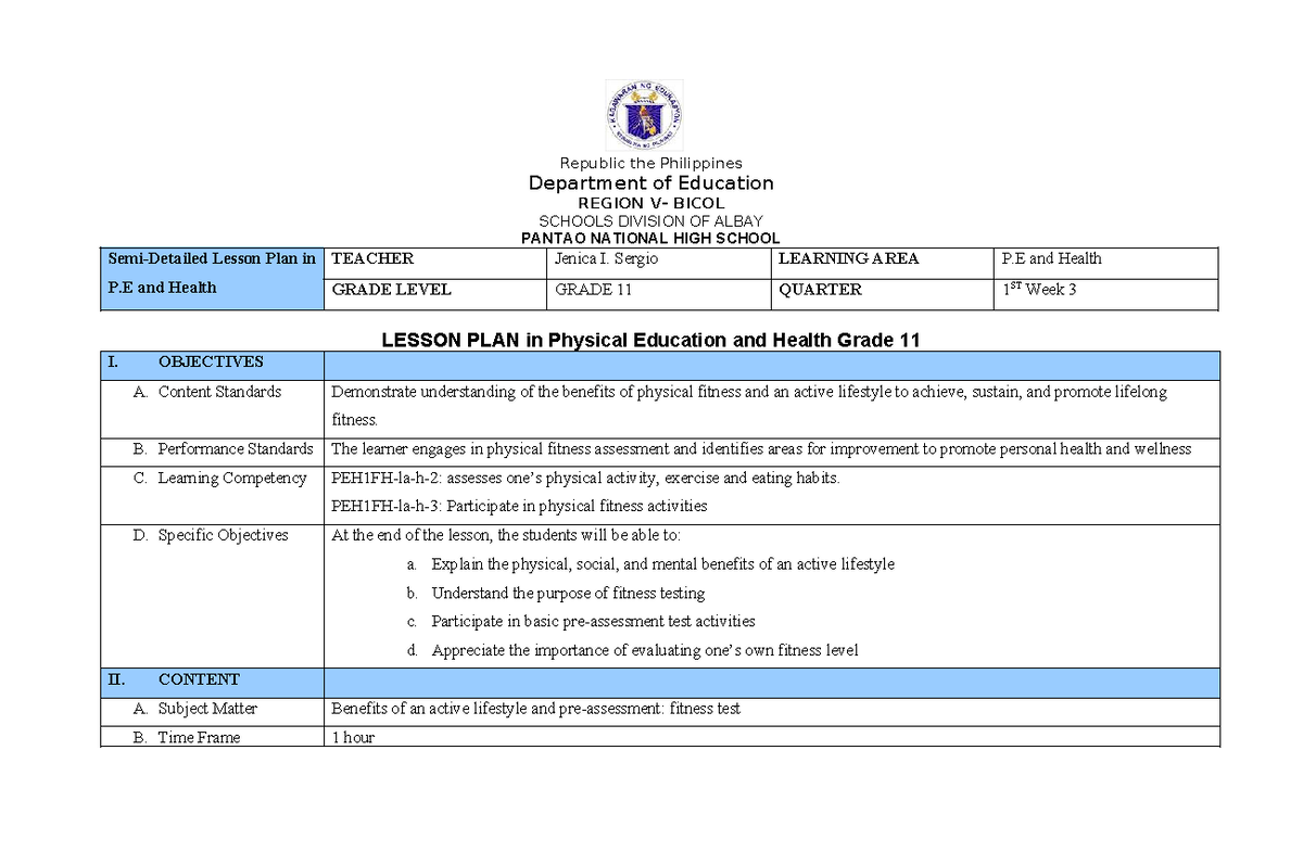 Lp PE 11 - Semi-Detailed Lesson Plan in P.E. and Health - Studocu