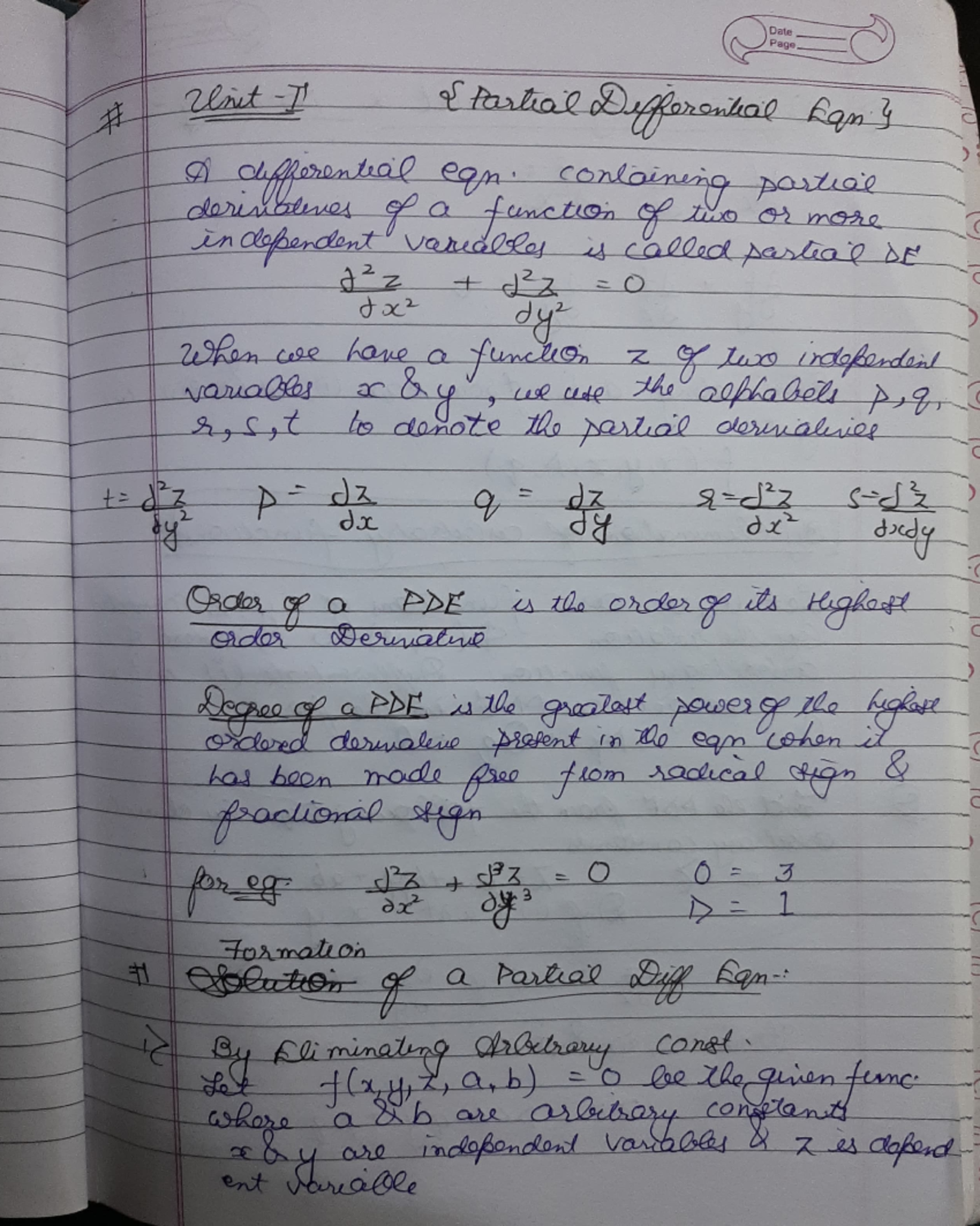 Unit 1 mathematics - NOTES - Date Page Unit S Partial Differential Ean ...