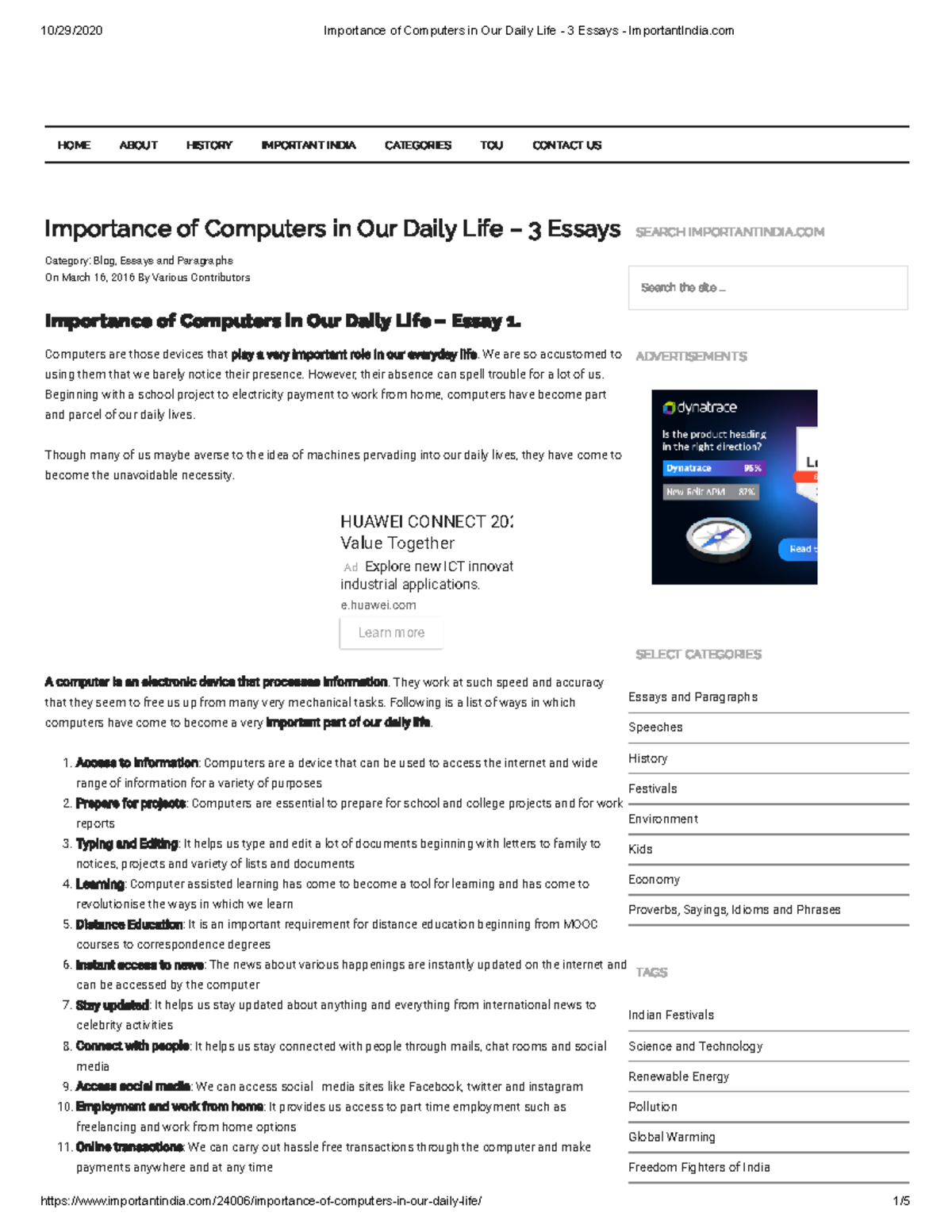 5 Importance of Computers in Our Daily Life - 3 Essays - Important ...