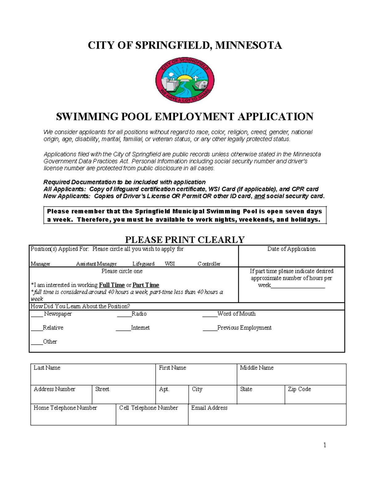 Springfield, MN Swimming Pool Employment Application Form - Studocu