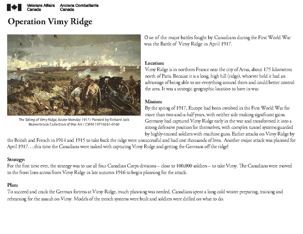 Operation vimy ridge handout EN - Operation Vimy Ridge Location: Vimy ...