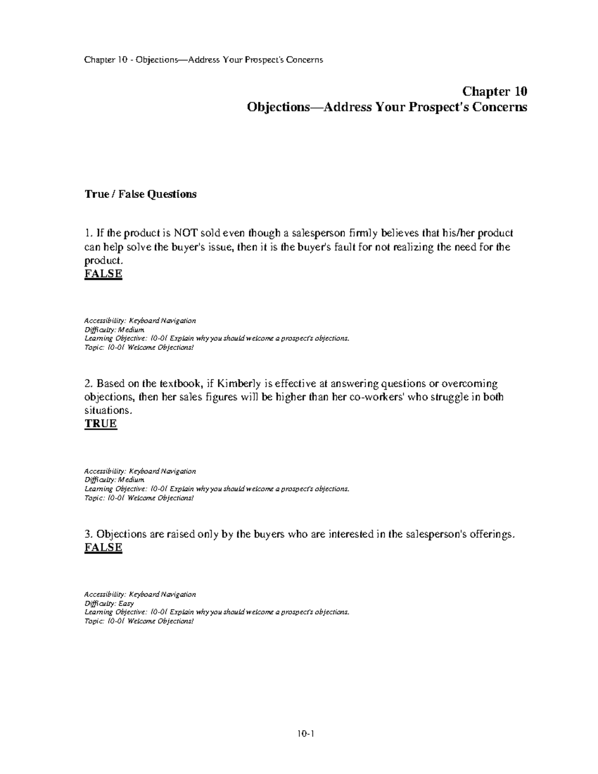 Chap010 - Sales Objections Practice Questions for Mastery - Studocu