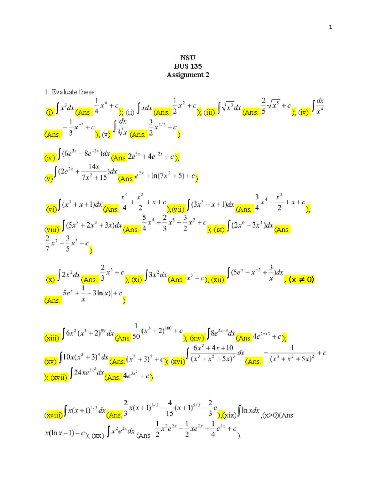 NSU BUS 135 Assignment 2: Evaluation of Economic Functions and ...