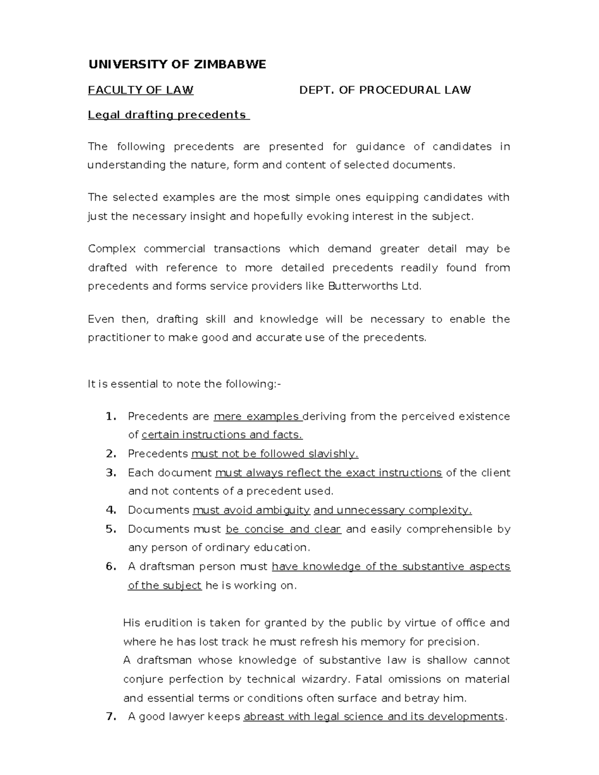 UNIVERSITY OF ZIMBABWE LAW 2023: Legal Drafting Precedents Guide - Studocu